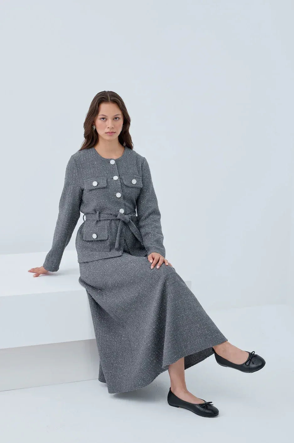 Simli Cep Düğmeli Etek Takım - VIADEL Atelier