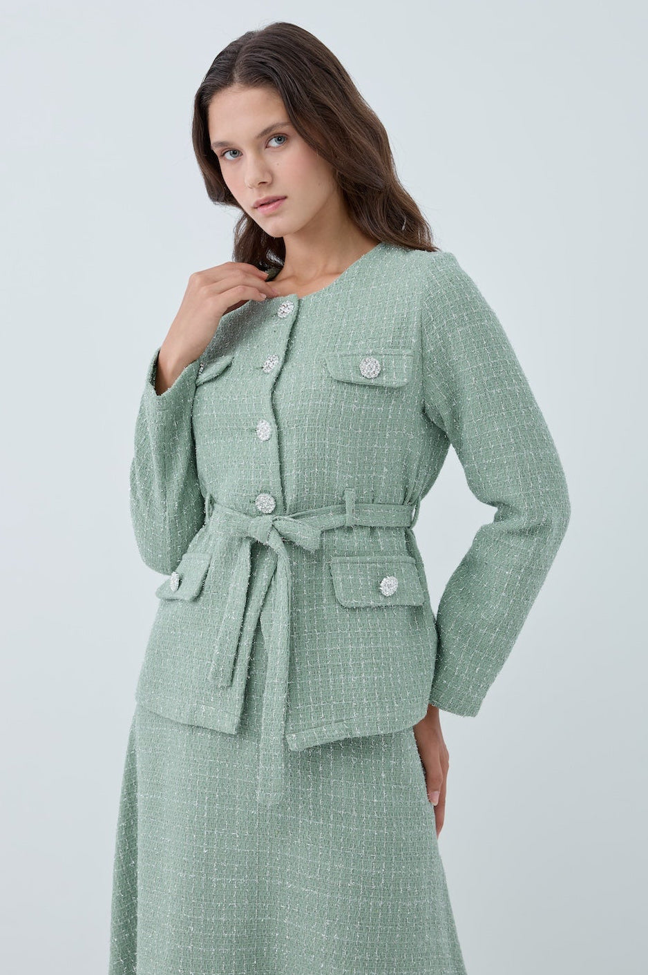 Simli Cep Düğmeli Etek Takım