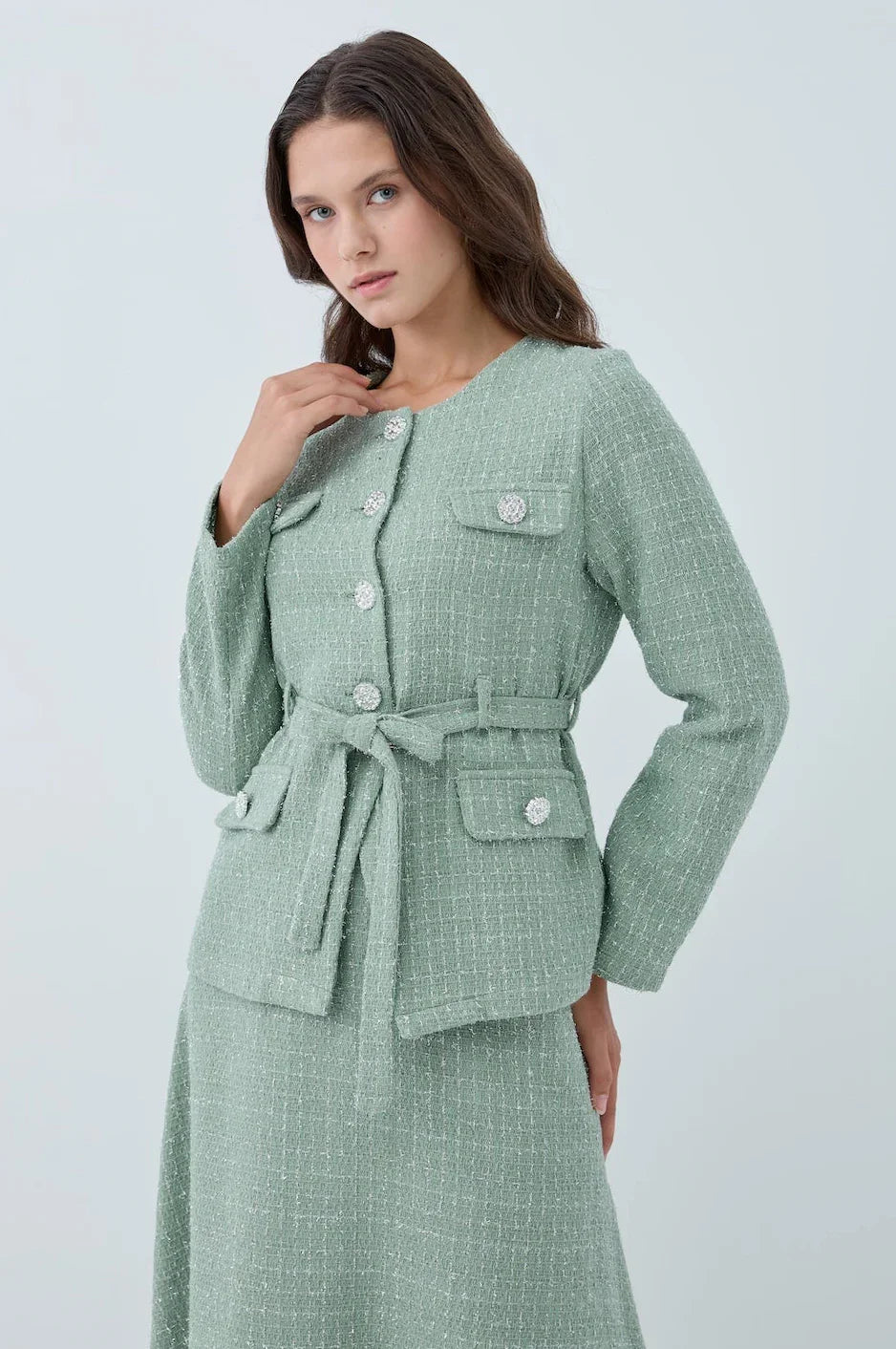 Simli Cep Düğmeli Etek Takım