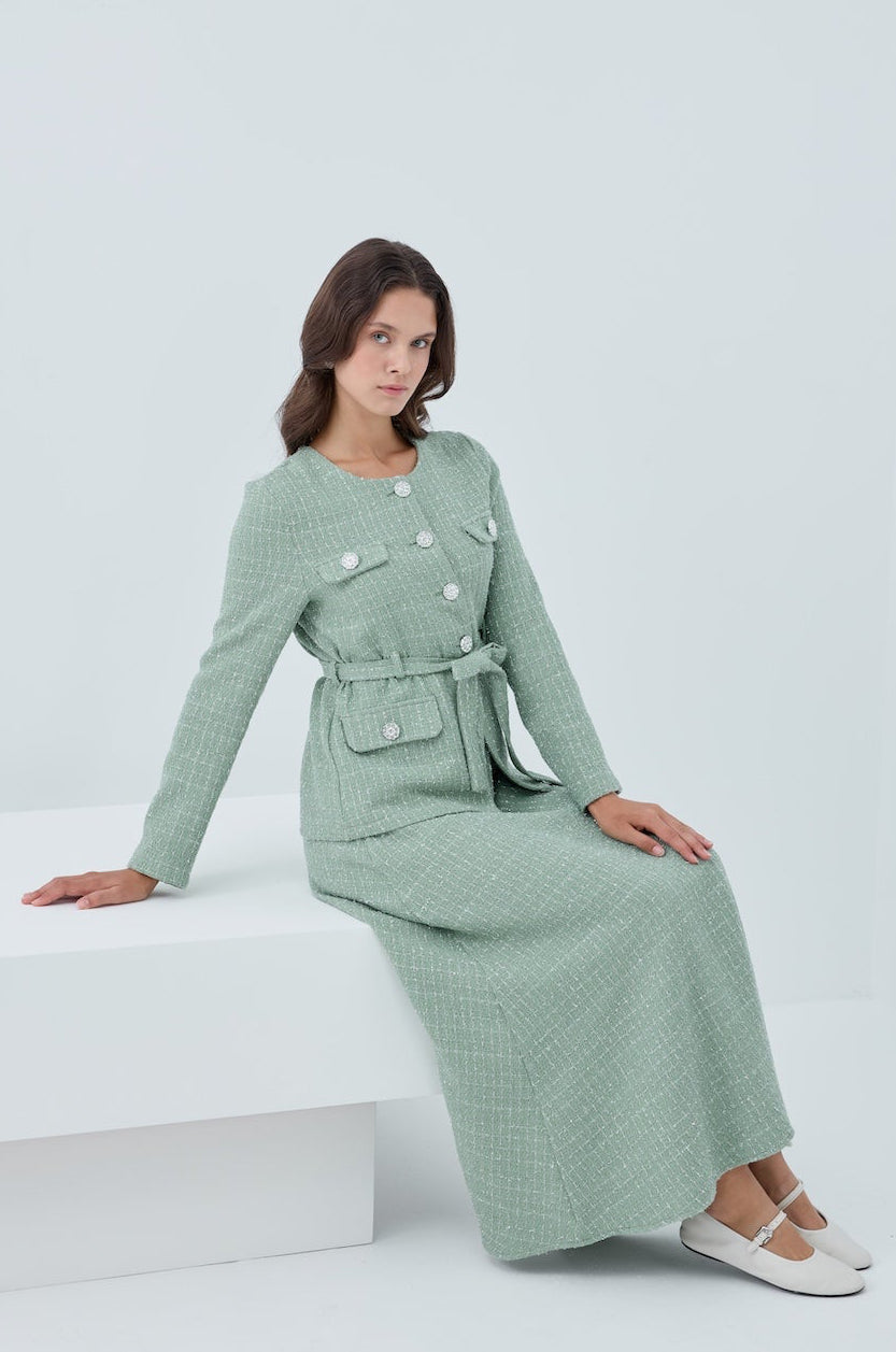 Simli Cep Düğmeli Etek Takım