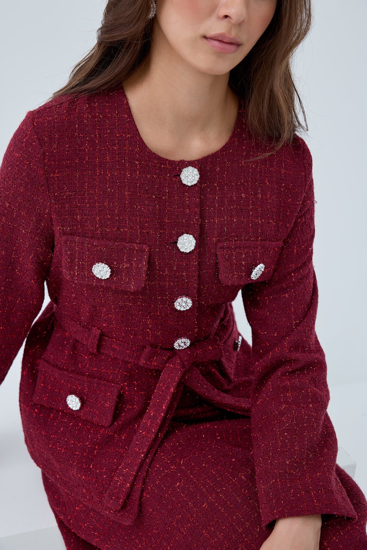 Simli Cep Düğmeli Etek Takım