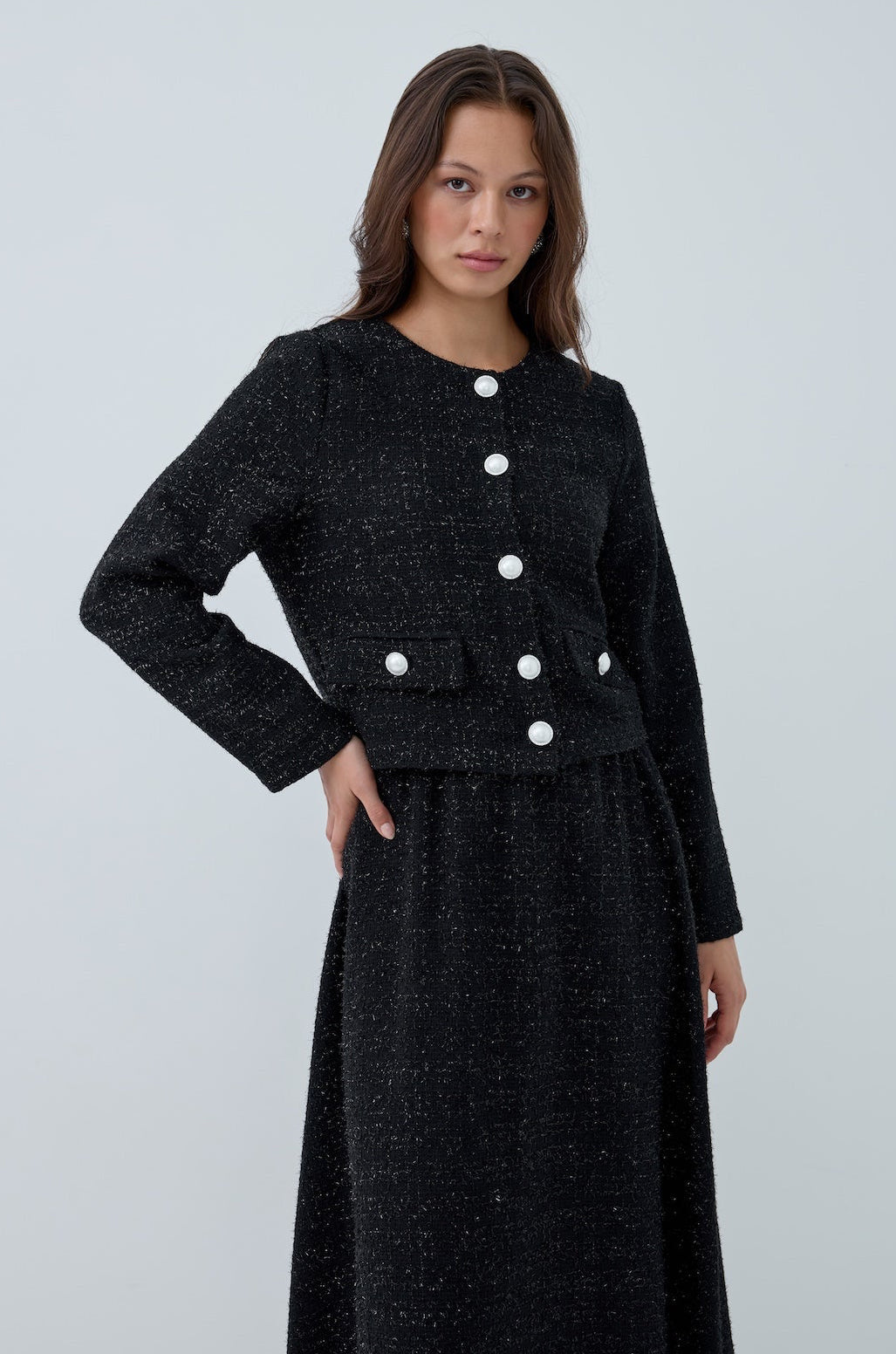 Simli Düğmeli Etek Takım