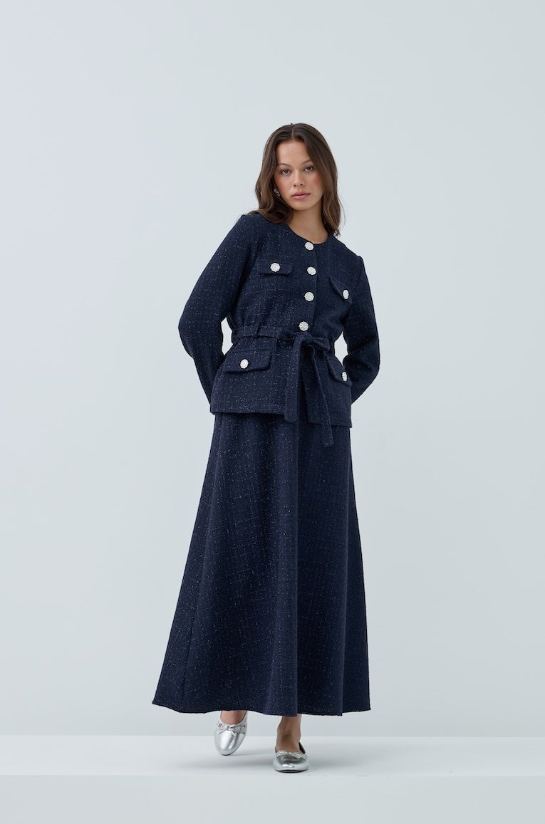 Simli Cep Düğmeli Etek Takım