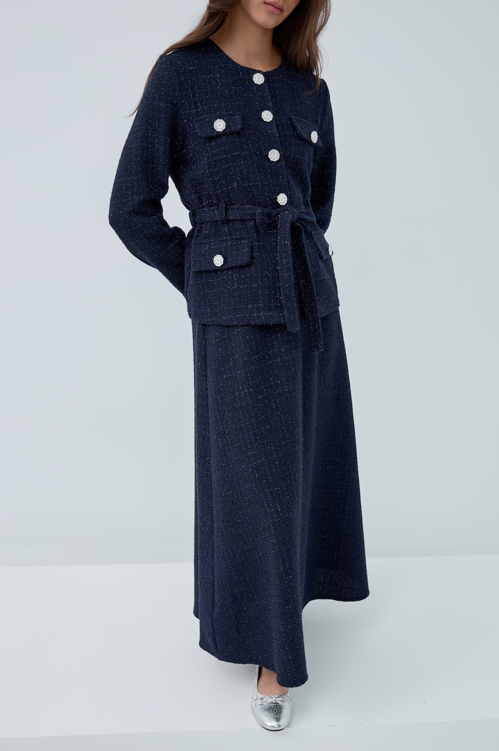 Simli Cep Düğmeli Etek Takım