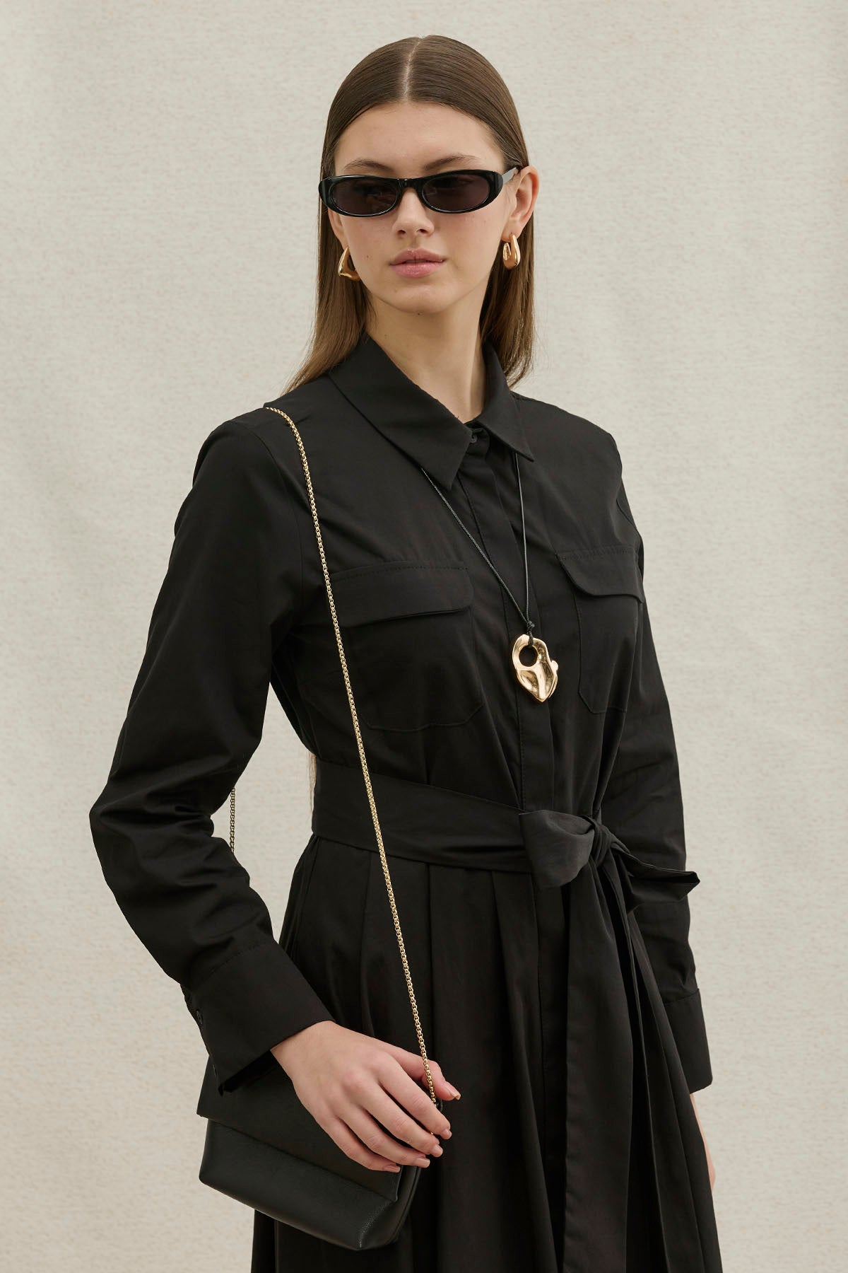 Soft Cotton Kuşaklı Uzun Siyah Elbise