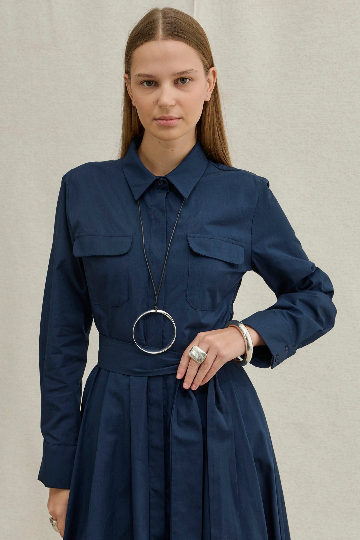 Soft Cotton Kuşaklı Uzun Lacivert Elbise