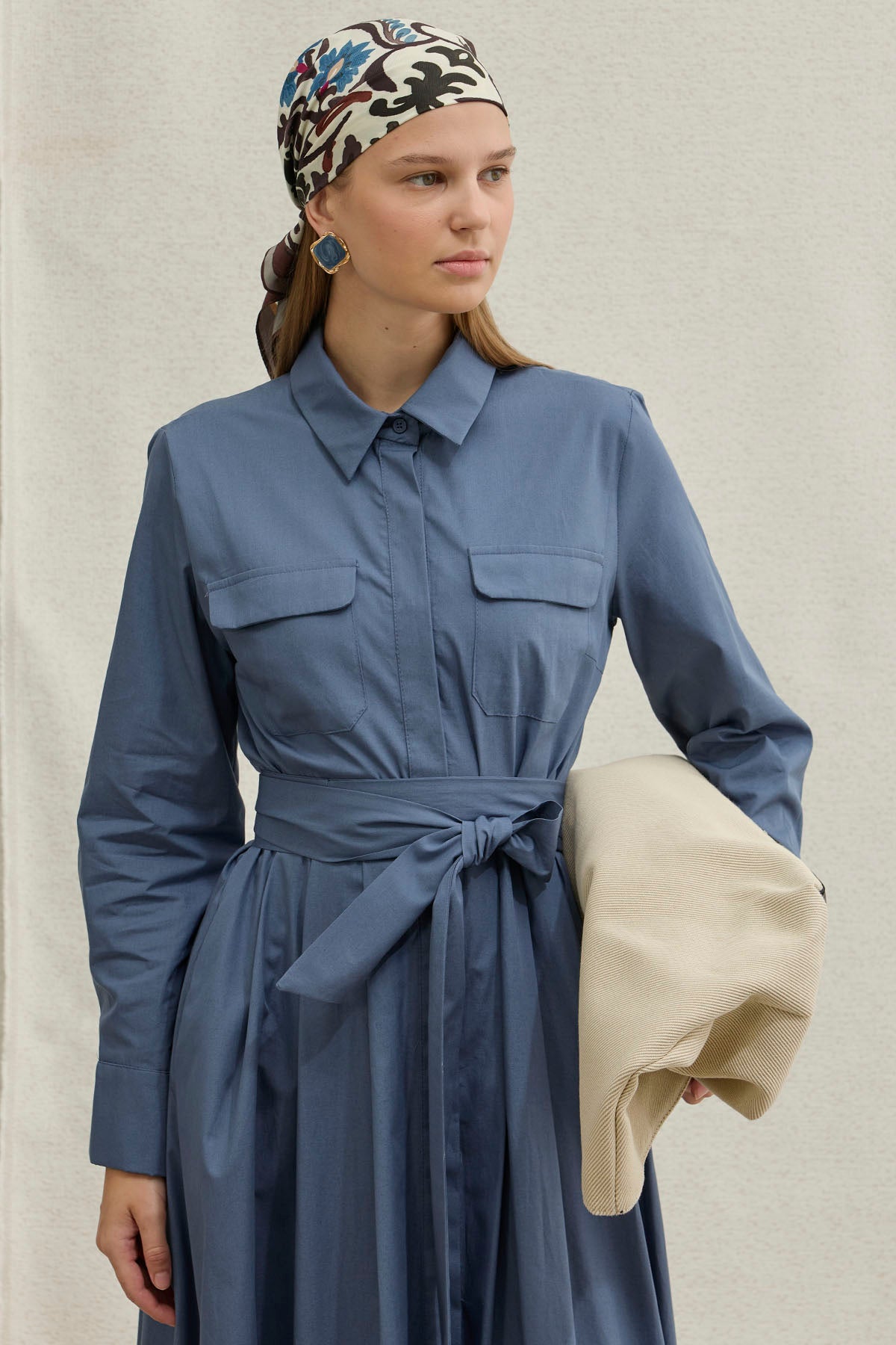 Soft Cotton Kuşaklı Uzun Mavi Elbise