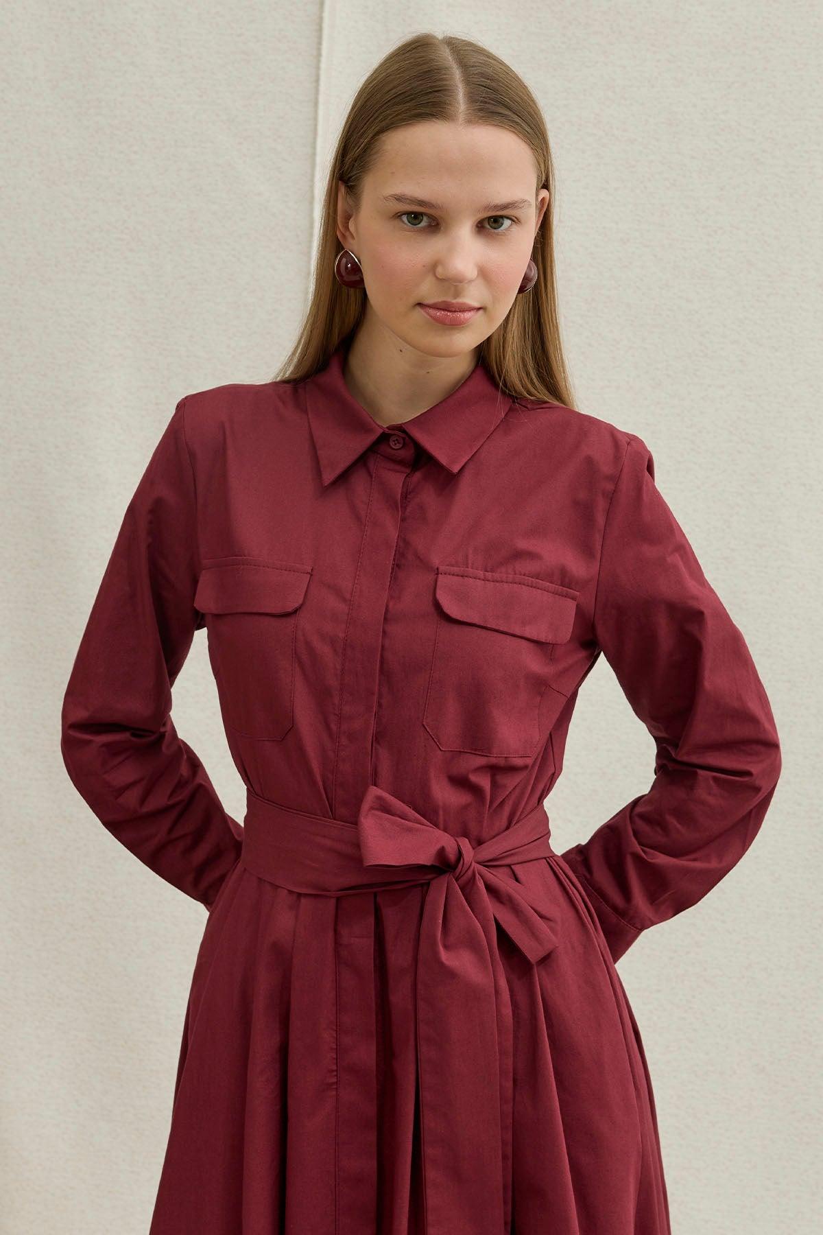 Soft Cotton Kuşaklı Uzun Bordo Elbise