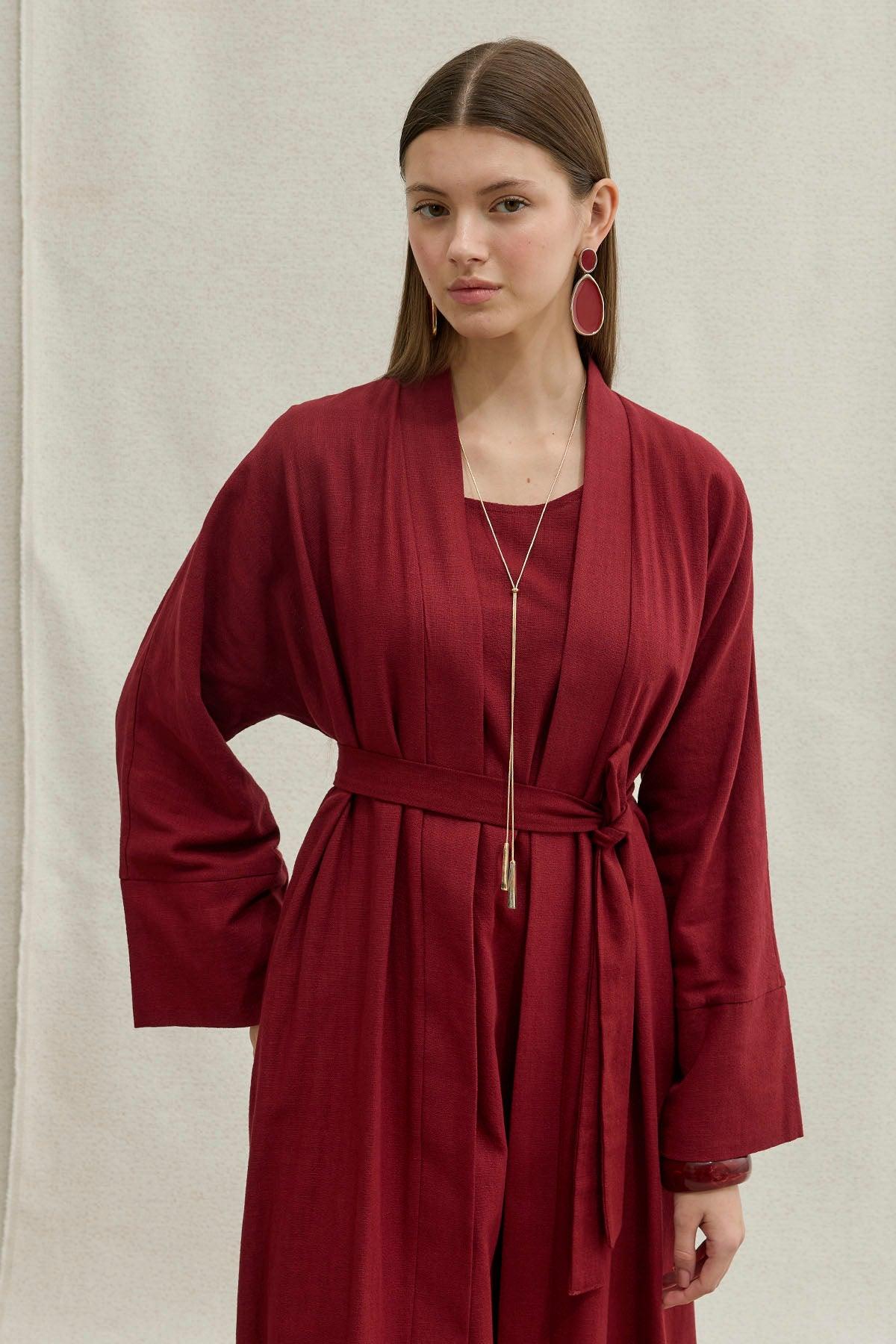 Soft Cotton Linen Two-Piece Burgundy Abaya Set