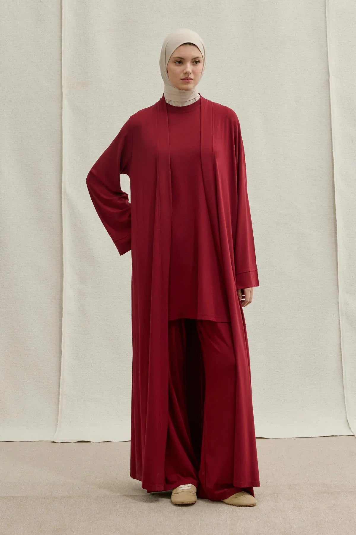 Active Modest Sporty Burgundy Three-Piece Abaya Set