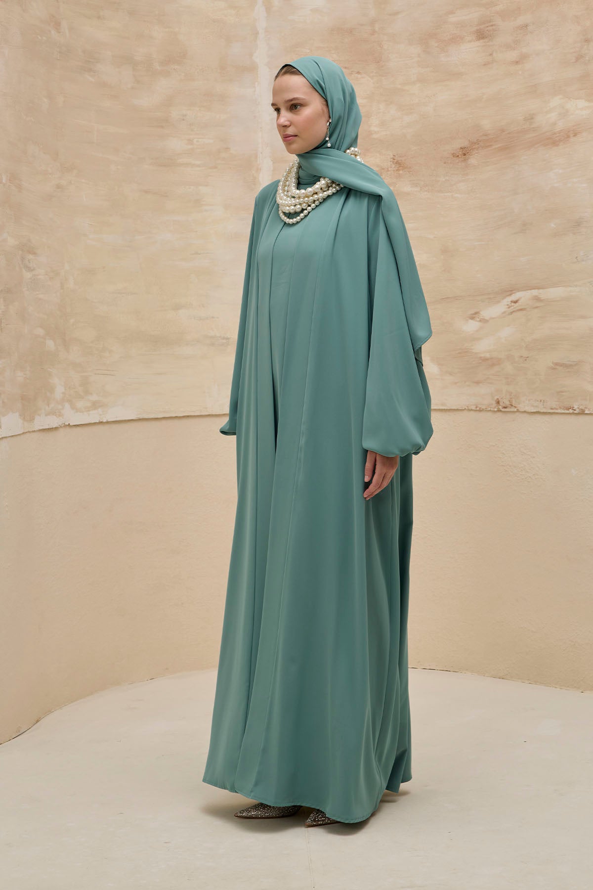 İkili Özel Dökümlü Mint Yeşili Abaya Takım