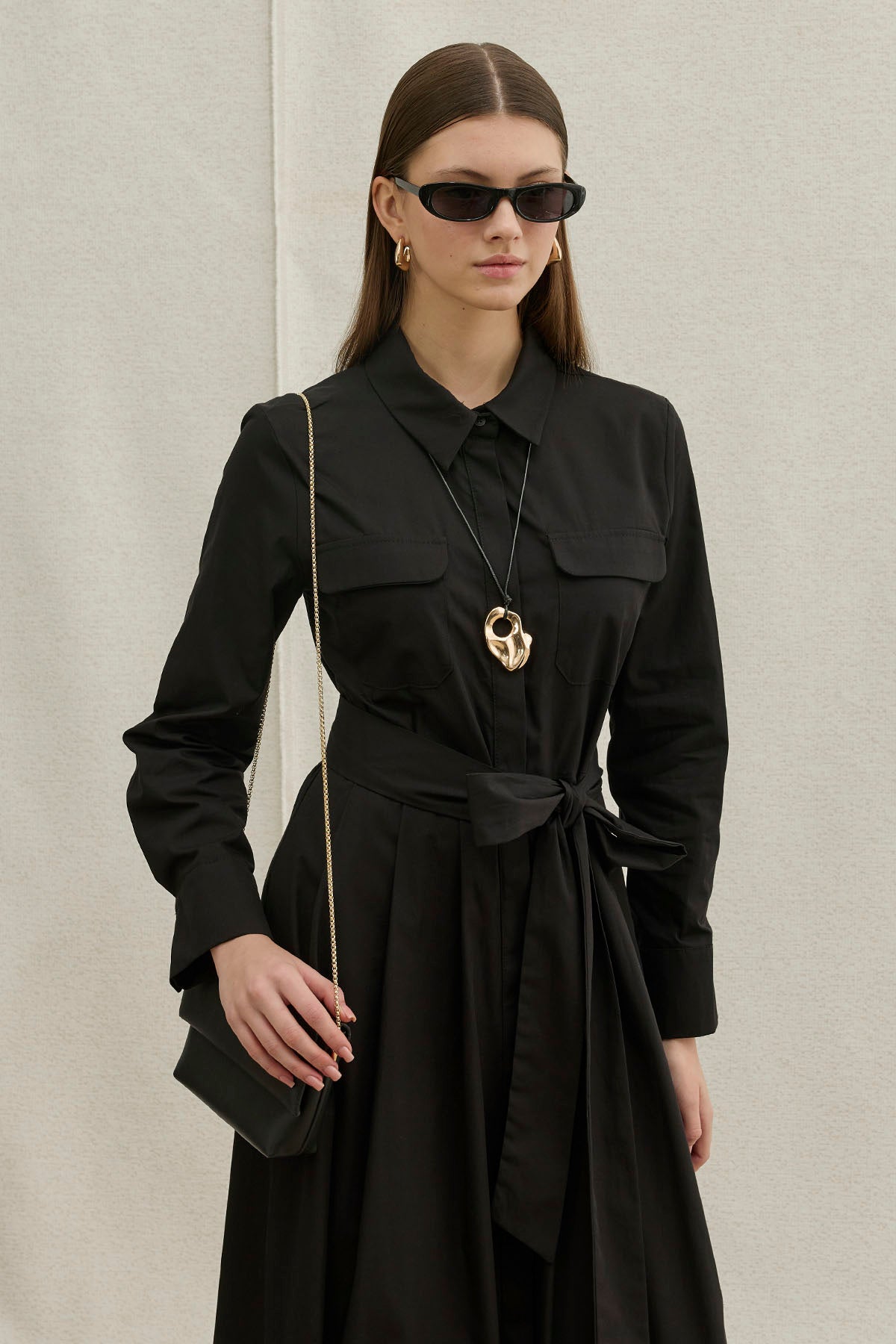 Soft Cotton Kuşaklı Uzun Siyah Elbise