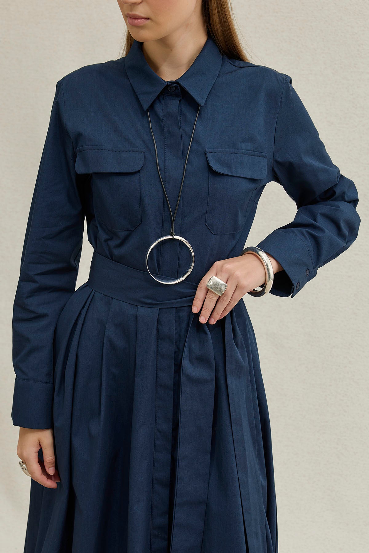 Soft Cotton Kuşaklı Uzun Lacivert Elbise