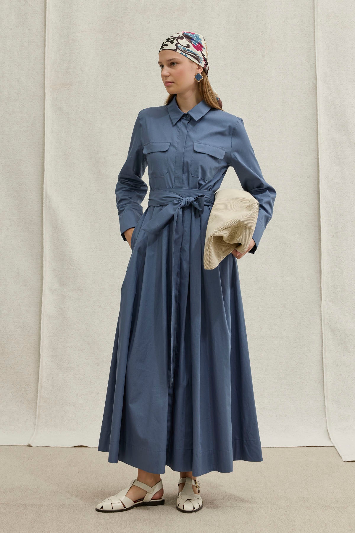 Soft Cotton Kuşaklı Uzun Mavi Elbise