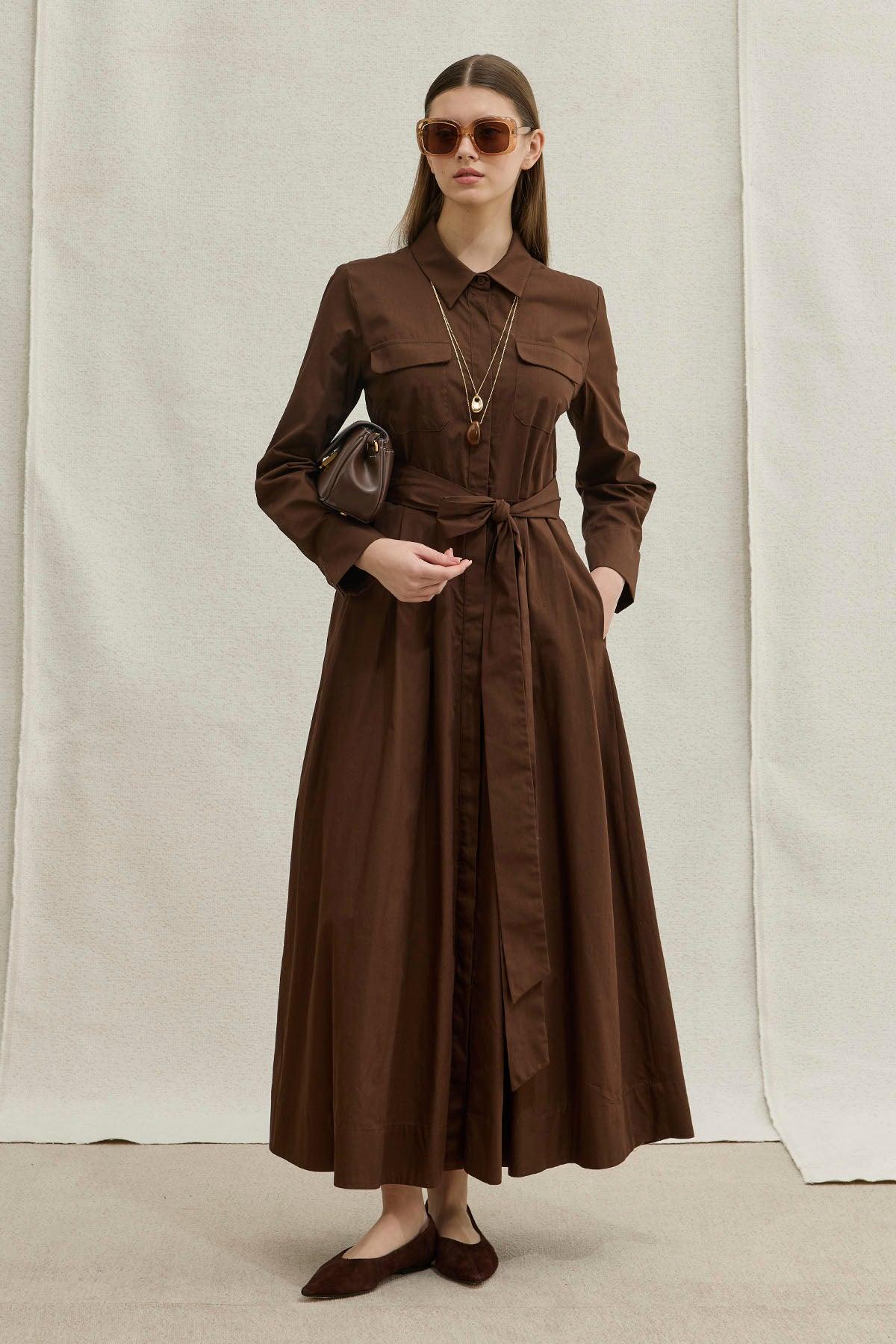 Soft Cotton Kuşaklı Uzun Kahverengi Elbise