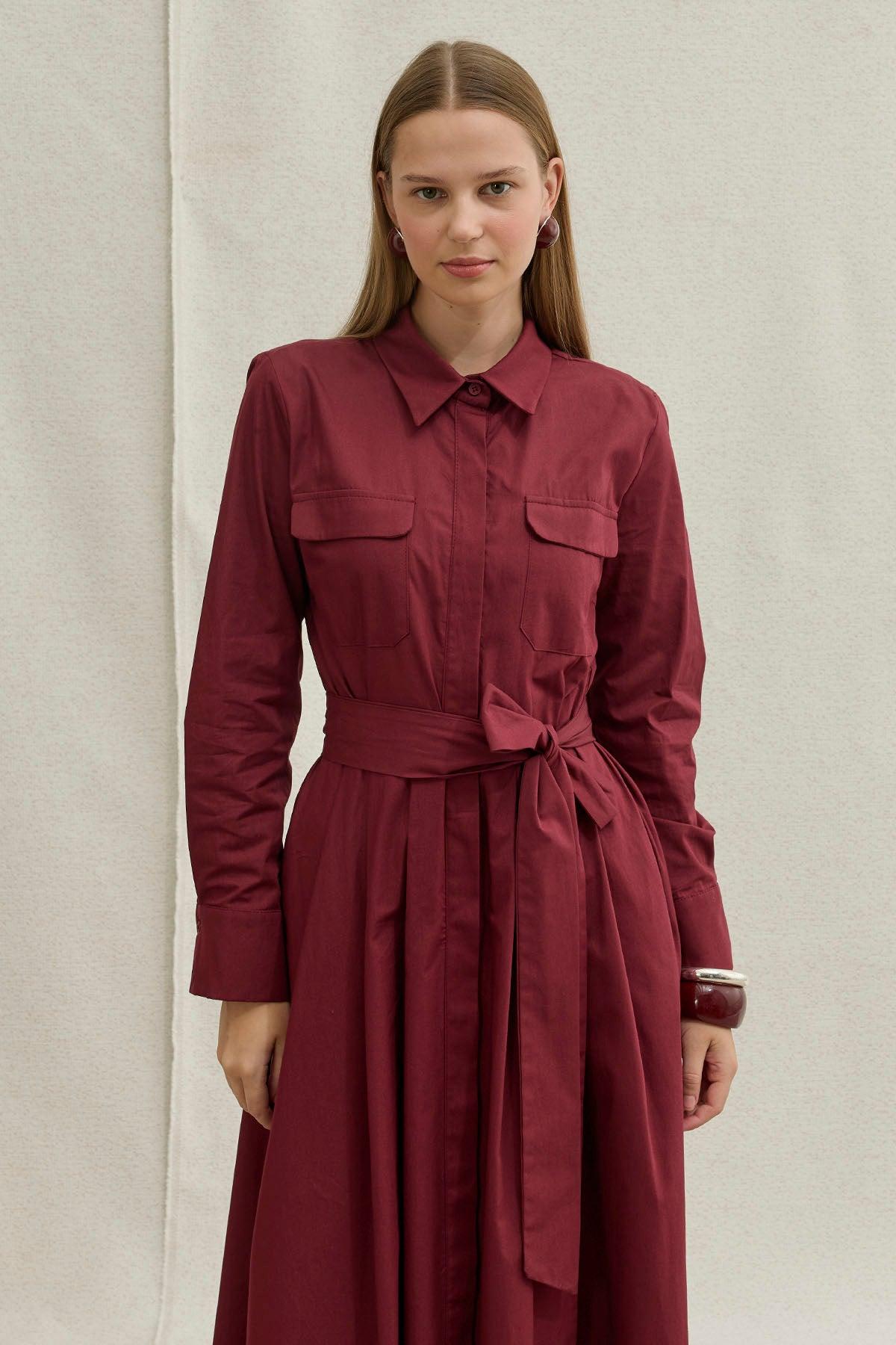 Soft Cotton Kuşaklı Uzun Bordo Elbise