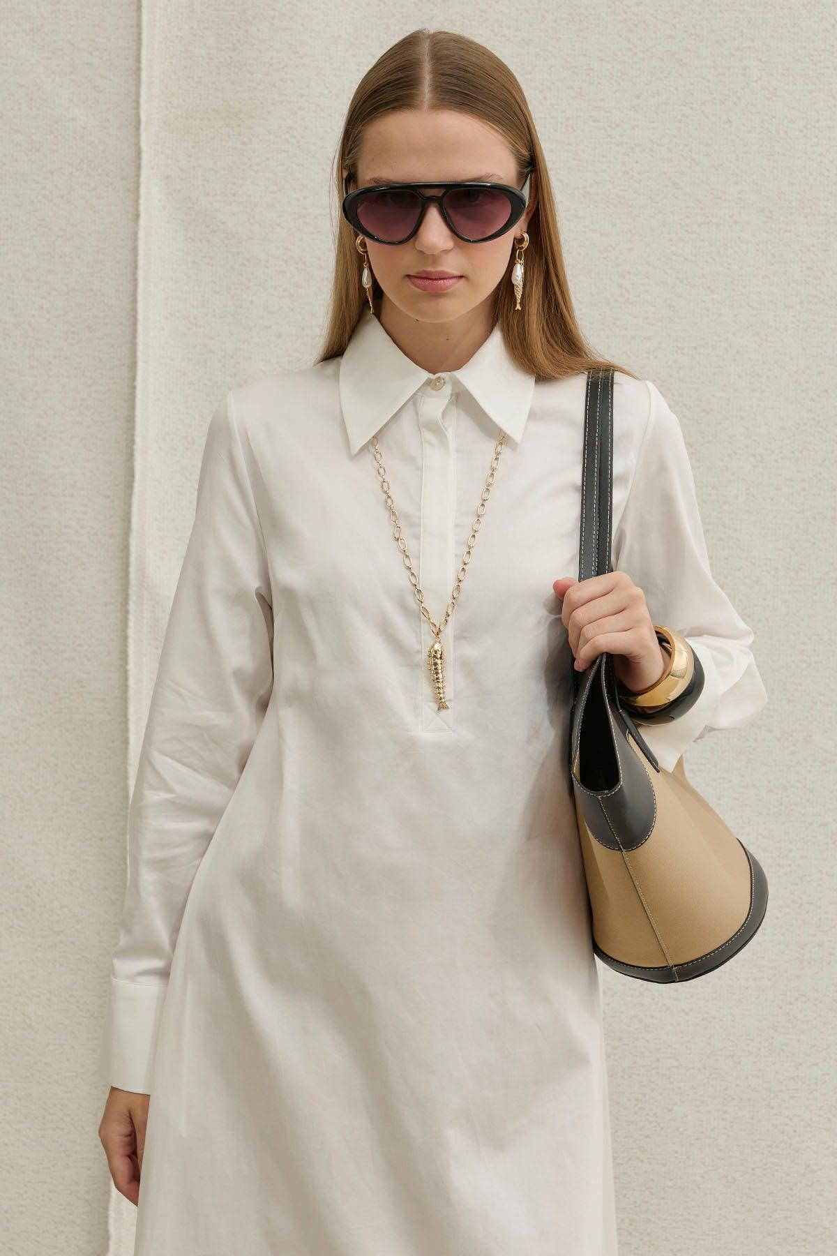 Soft Cotton Half-Buttoned White Long Shirt Dress