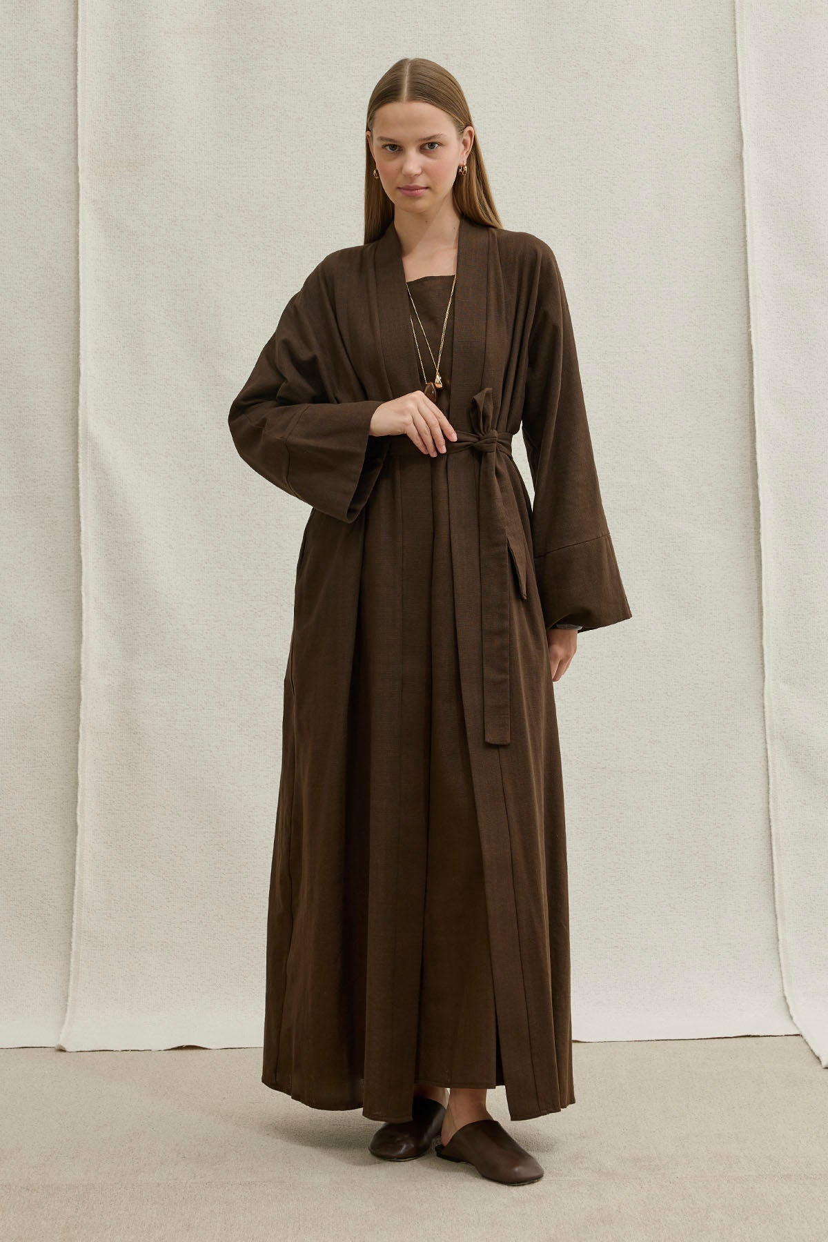 Soft Cotton Keten İkili Takım Kahverengi Abaya