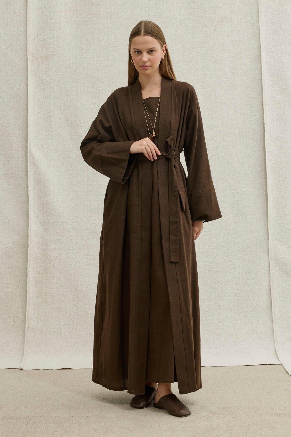 Soft Cotton Keten İkili Takım Kahverengi Abaya