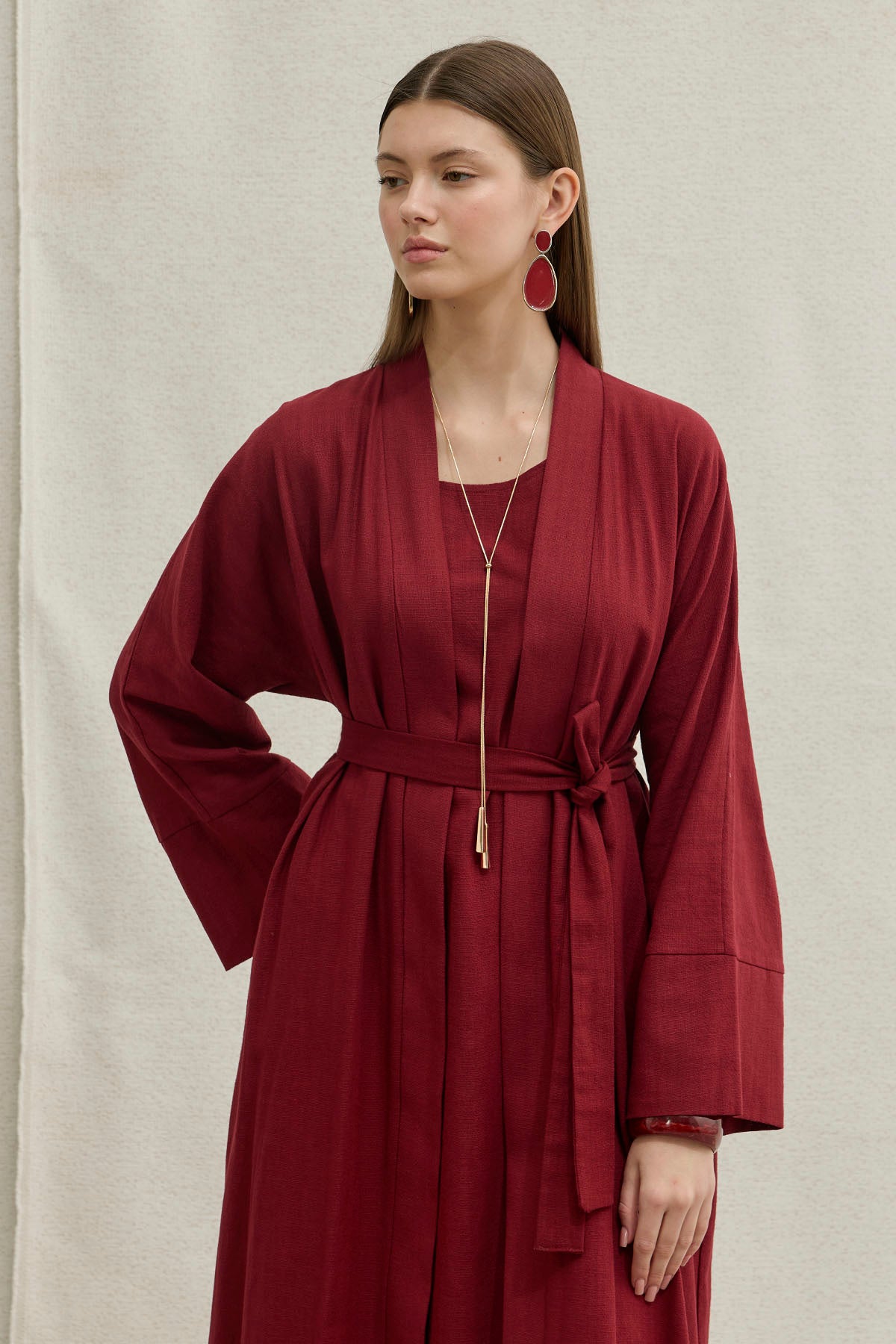 Soft Cotton Keten İkili Takım Bordo Abaya