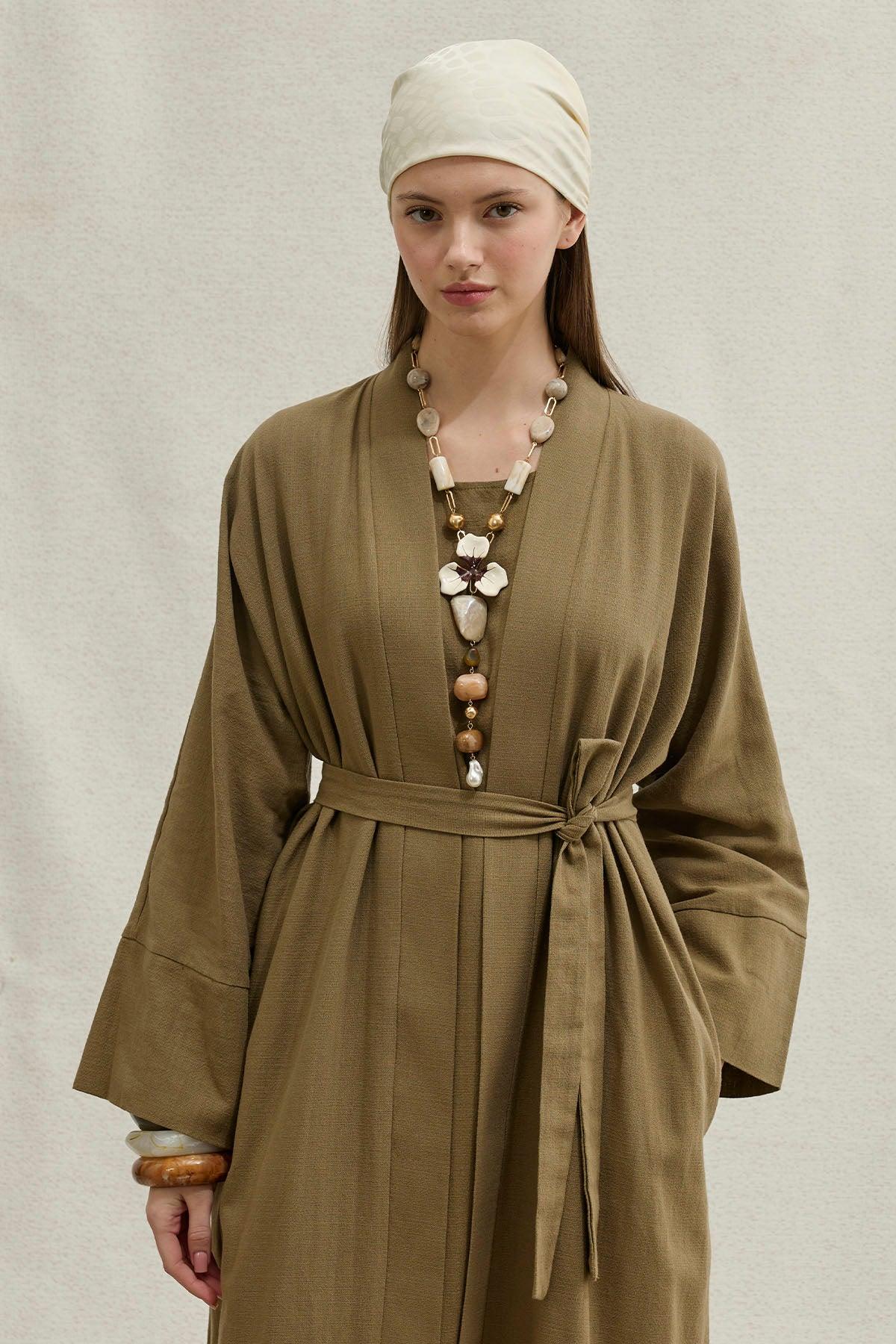 Soft Cotton Keten İkili Takım Haki Abaya