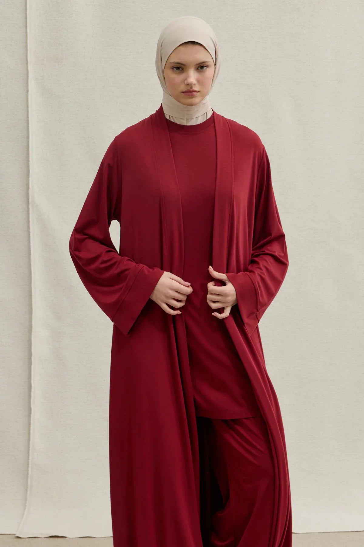 Active Modest Sporty Burgundy Three-Piece Abaya Set