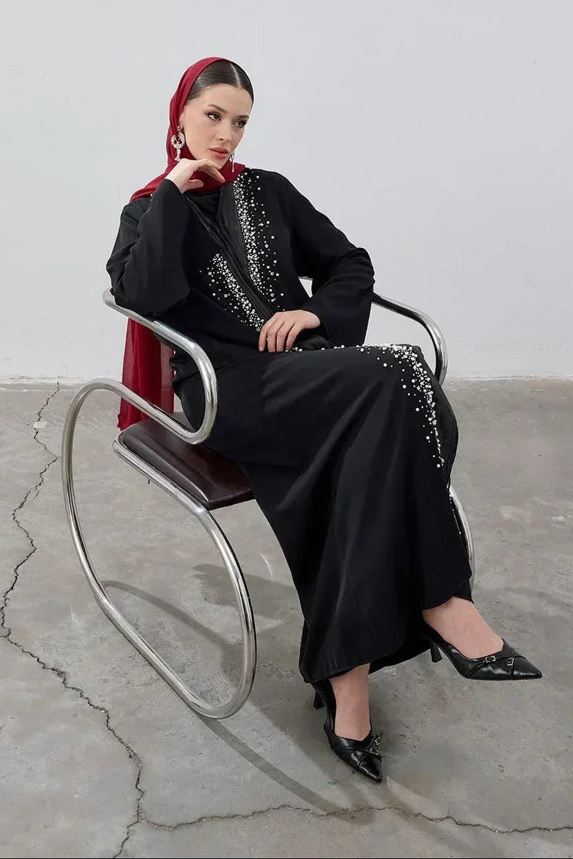 Özel İnci Taş İşlemeli Garni Detay Abaya - VIADEL Atelier