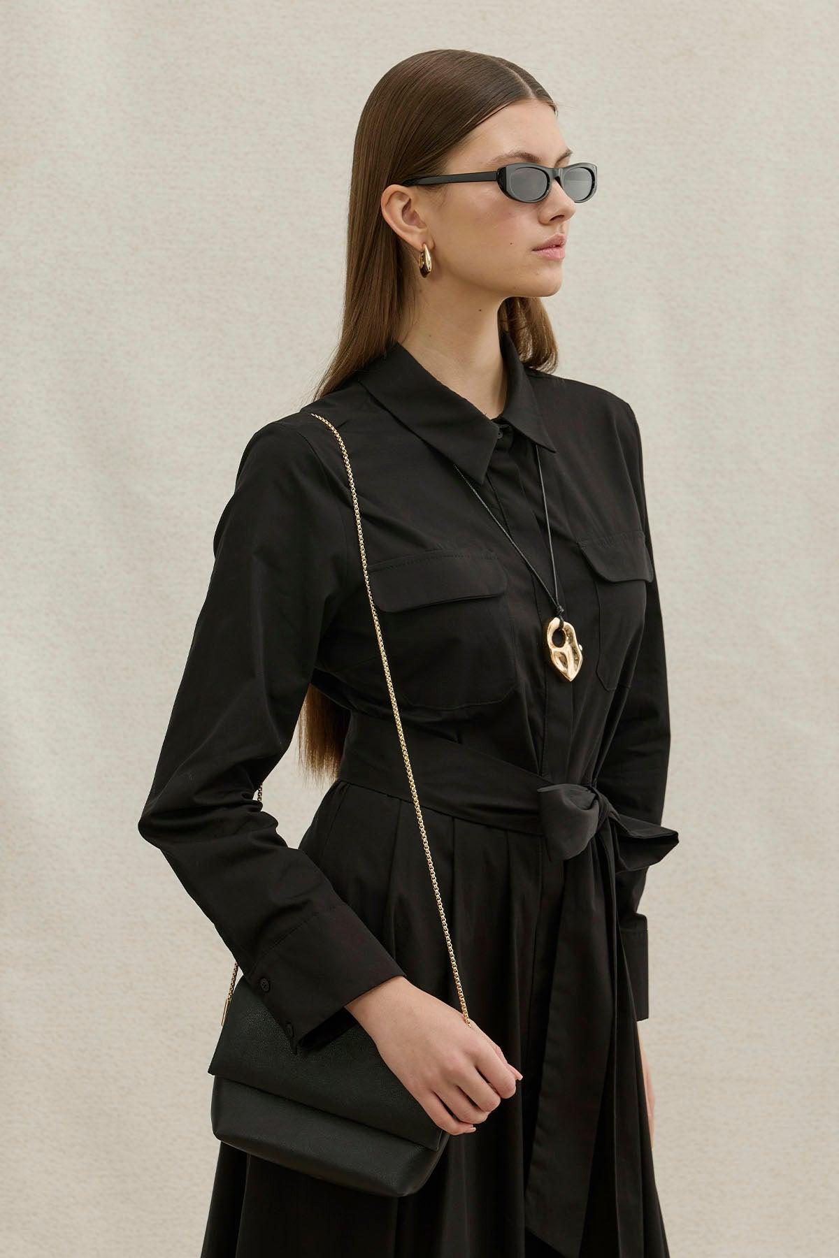 Soft Cotton Long Black Dress with Belt