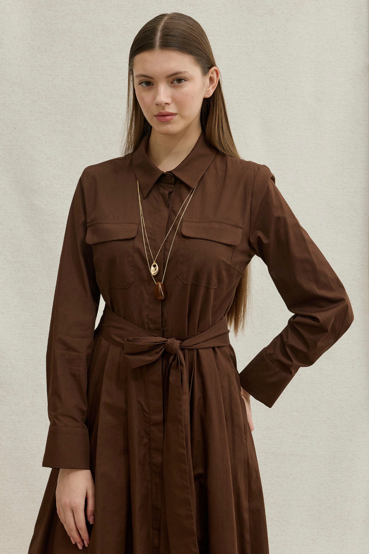 Soft Cotton Kuşaklı Uzun Kahverengi Elbise
