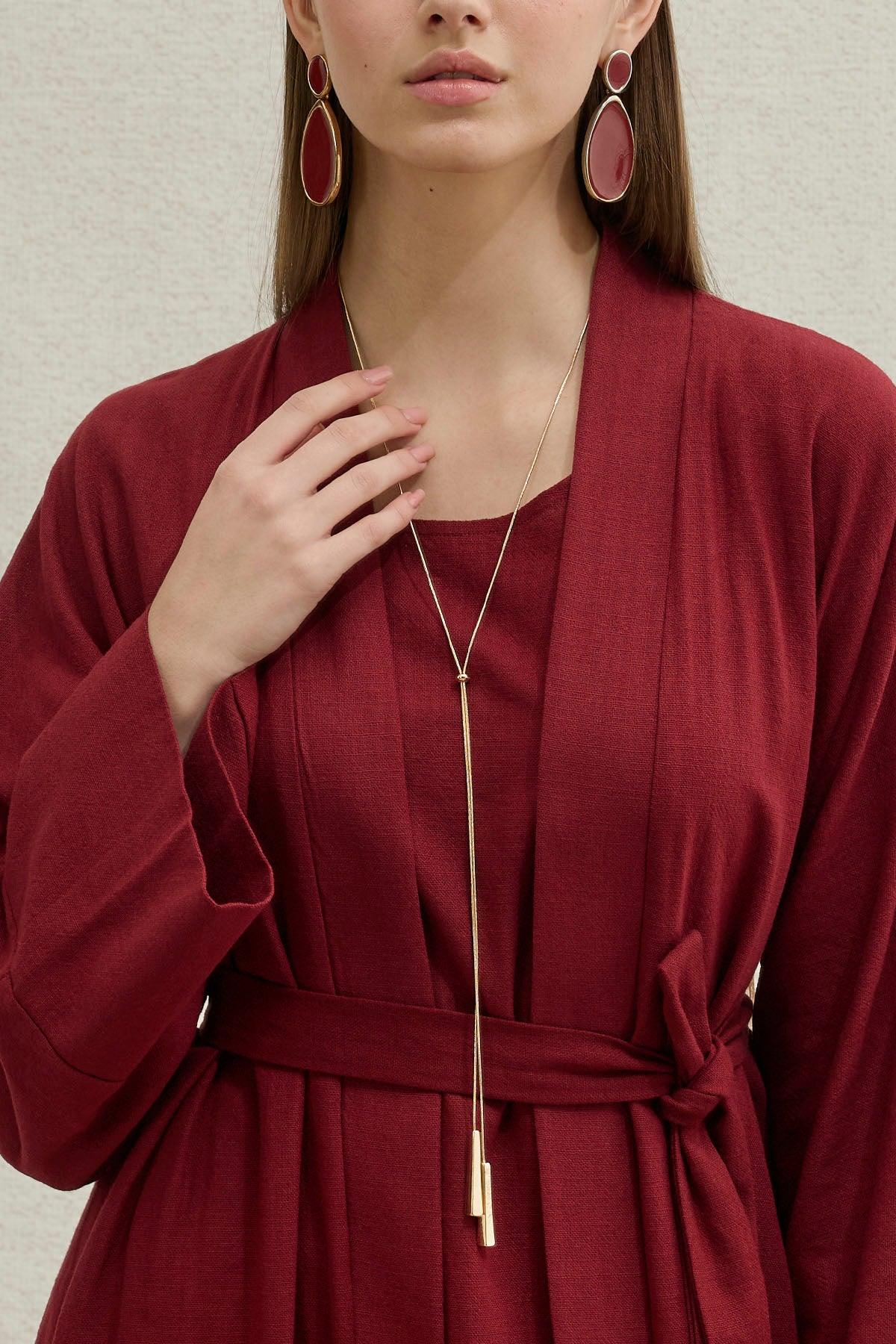 Soft Cotton Linen Two-Piece Burgundy Abaya Set