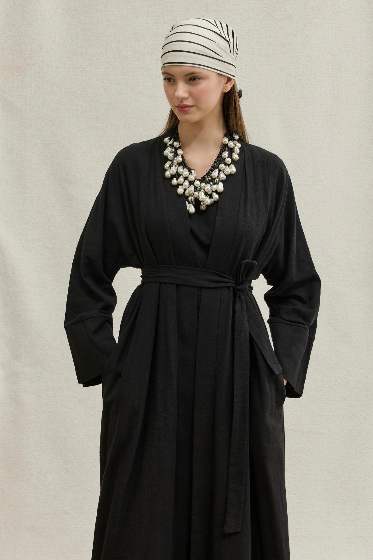 Soft Cotton Linen Two-Piece Black Abaya Set
