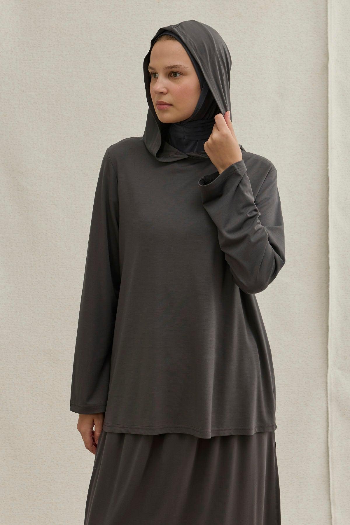 Actıve Modest Kapüşonlu Tesettür Spor Gri Takım