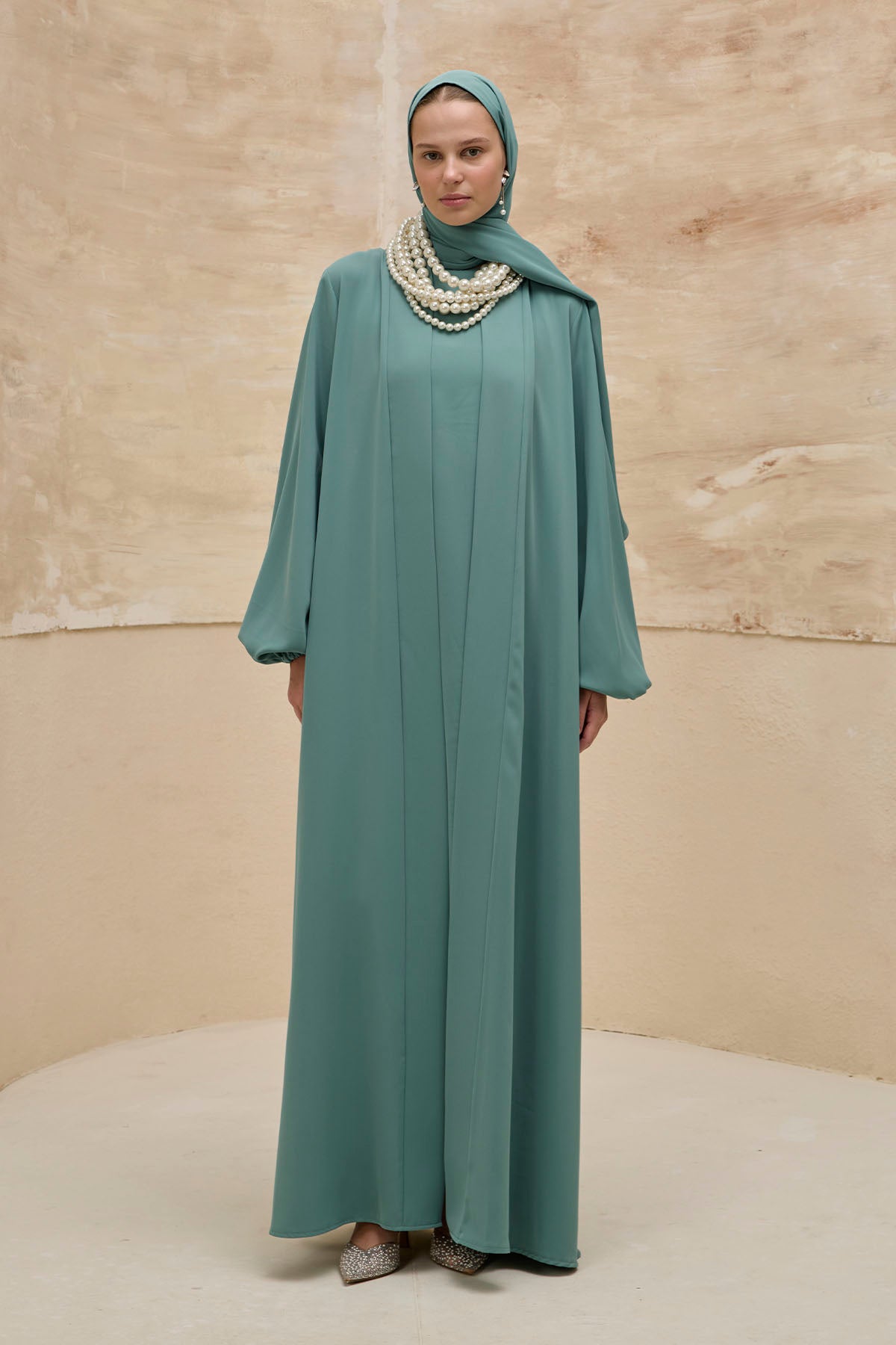 İkili Özel Dökümlü Mint Yeşili Abaya Takım