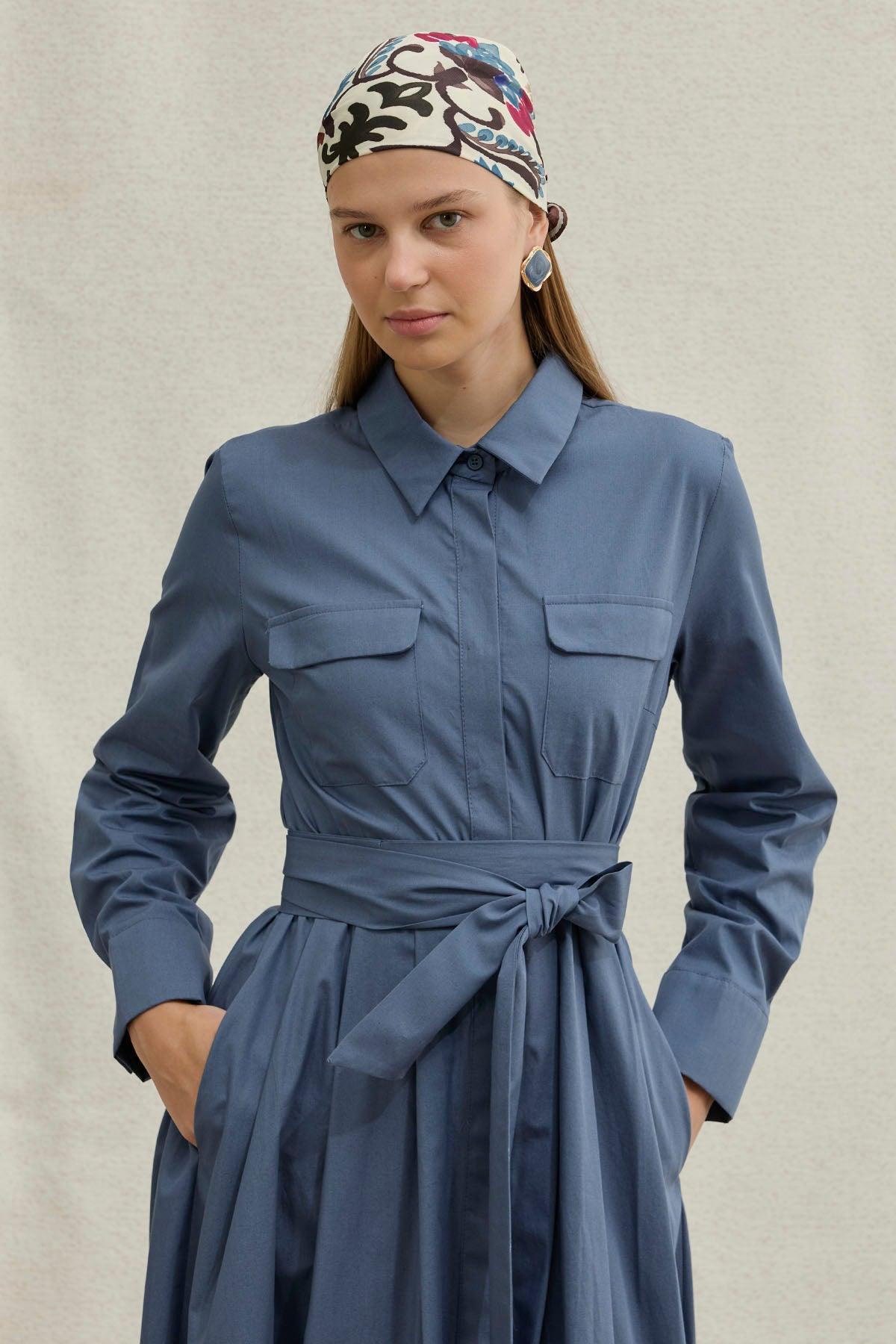 Soft Cotton Long Blue Dress with Belt