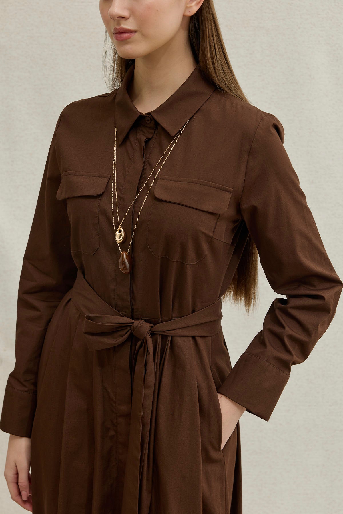 Soft Cotton Kuşaklı Uzun Kahverengi Elbise