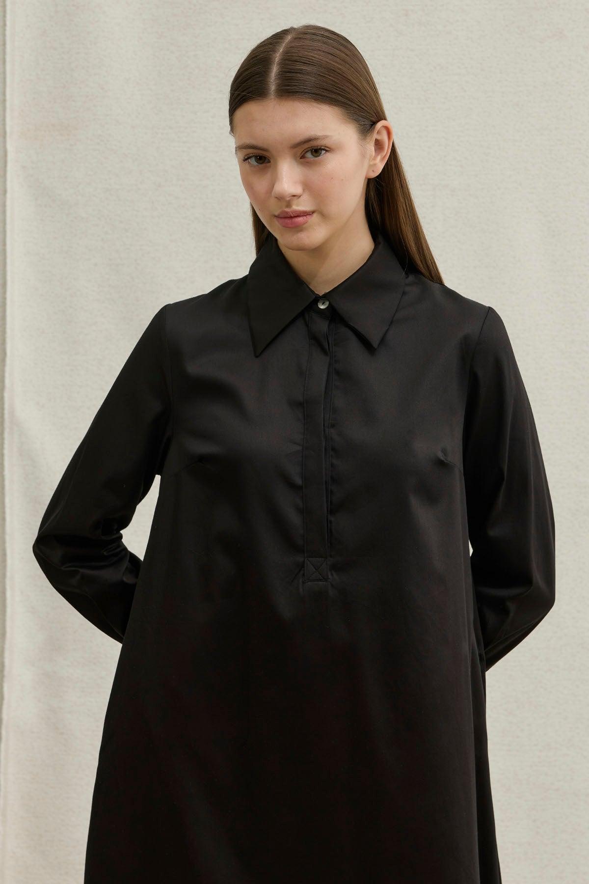 Soft Cotton Yarım Düğmeli Siyah Uzun Gömlek Elbise