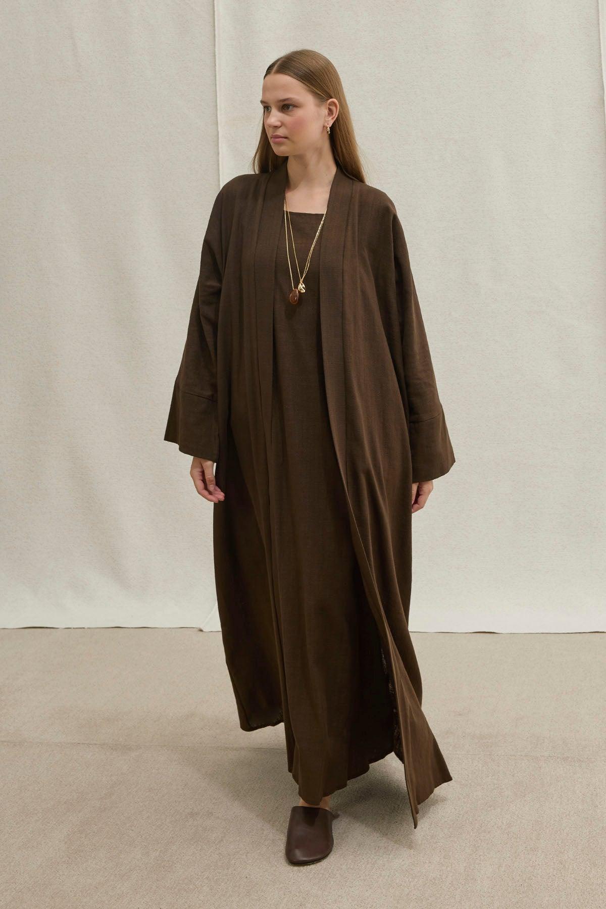 Soft Cotton Linen Two-Piece Brown Abaya Set
