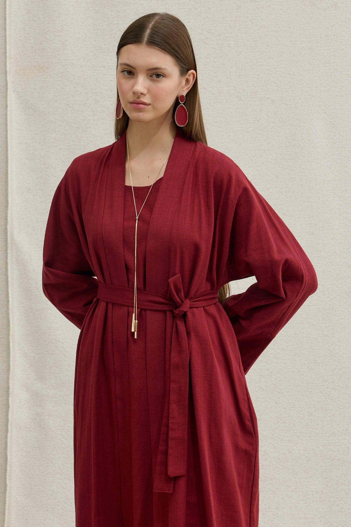 Soft Cotton Keten İkili Takım Bordo Abaya