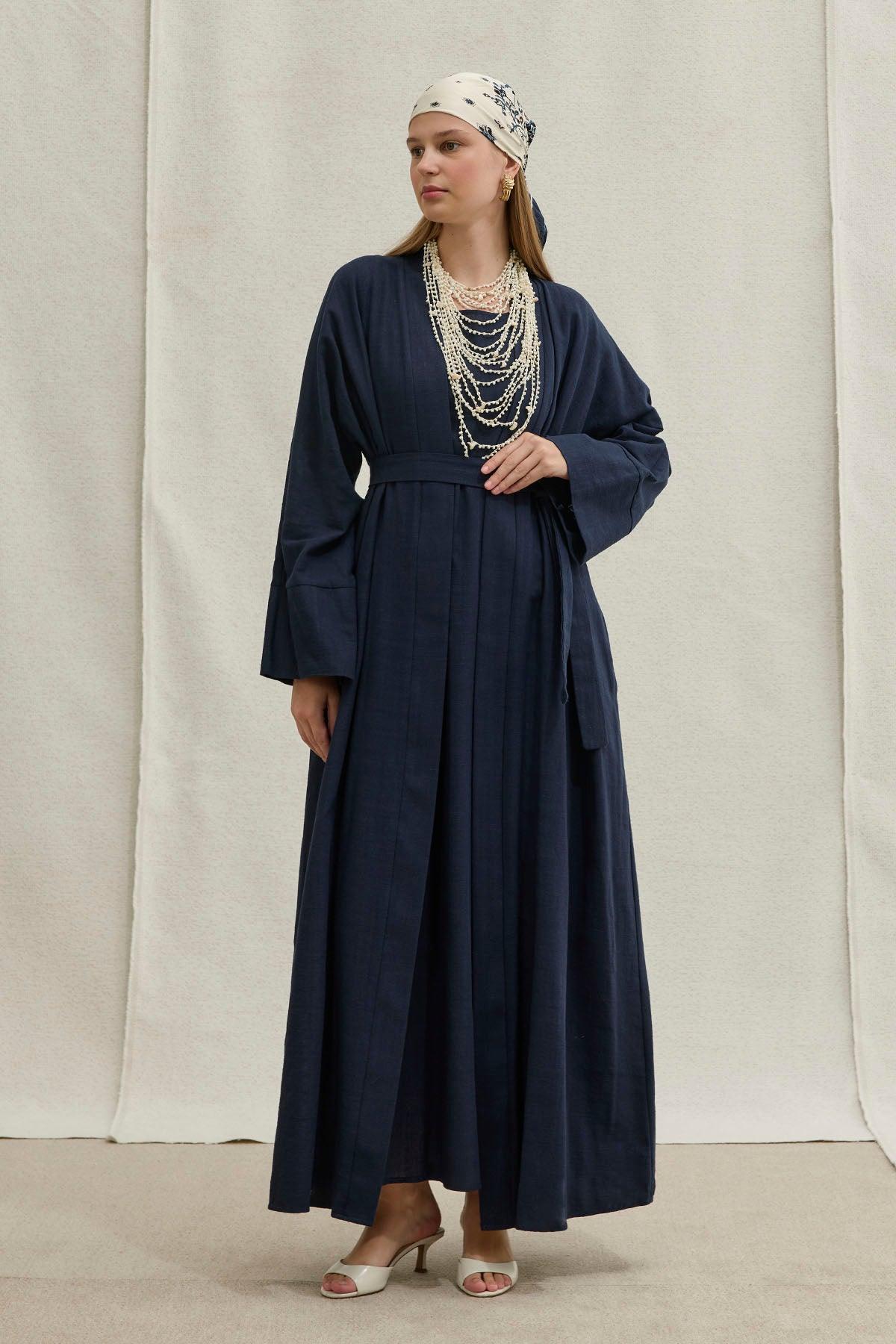 Soft Cotton Linen Two-Piece Navy Blue Abaya Set