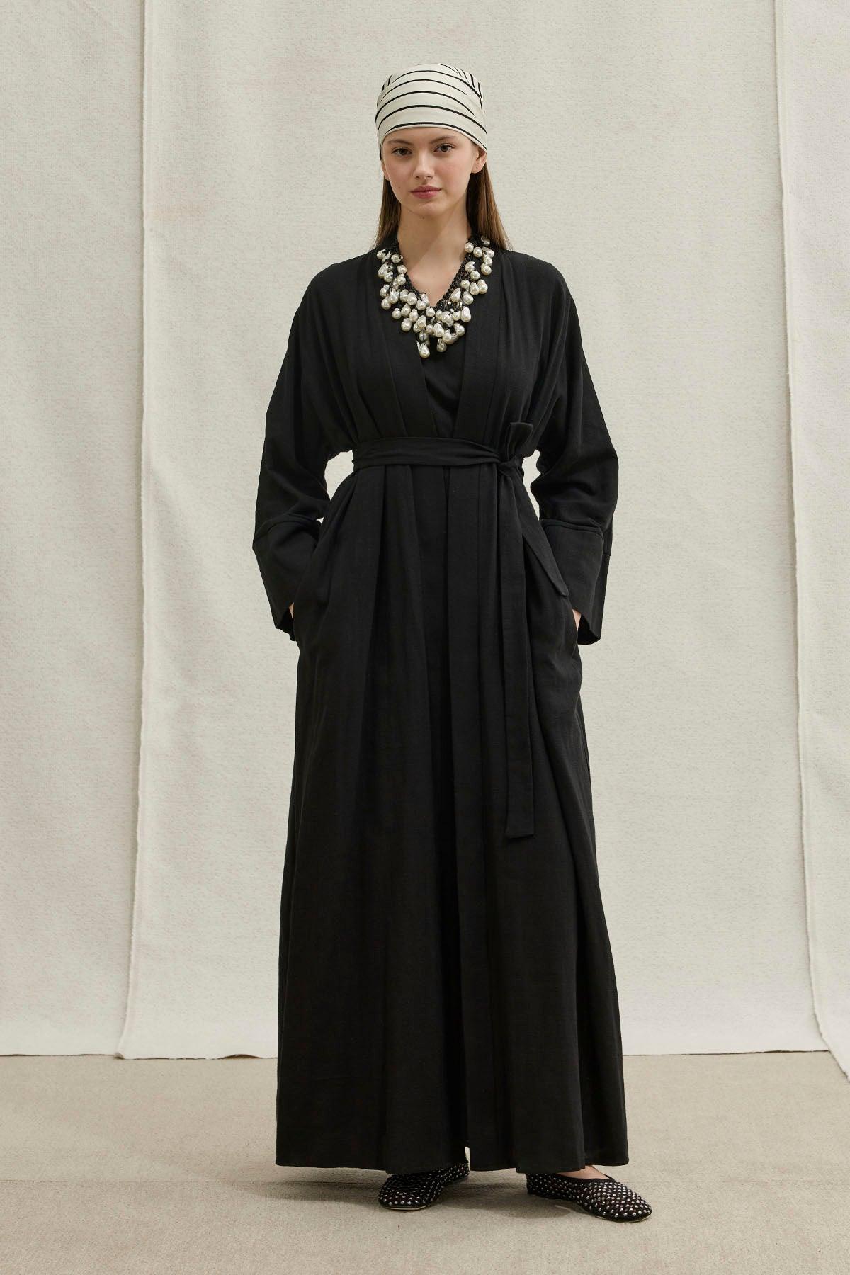 Soft Cotton Linen Two-Piece Black Abaya Set