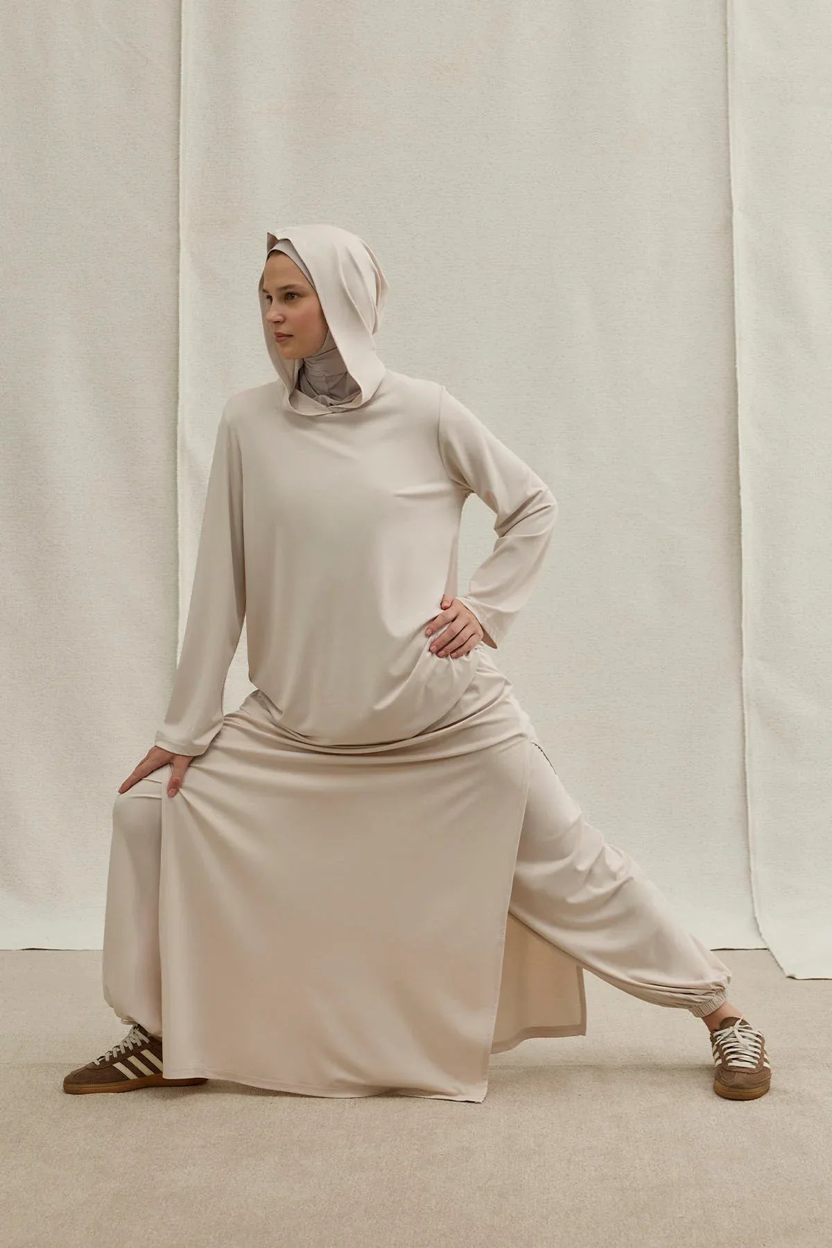 Actıve Modest Kapüşonlu Tesettür Spor Ekru Takım