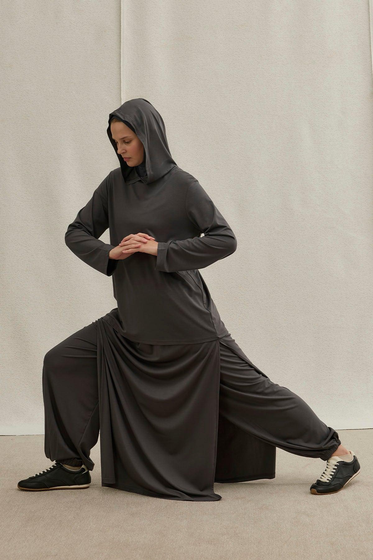 Actıve Modest Kapüşonlu Tesettür Spor Gri Takım