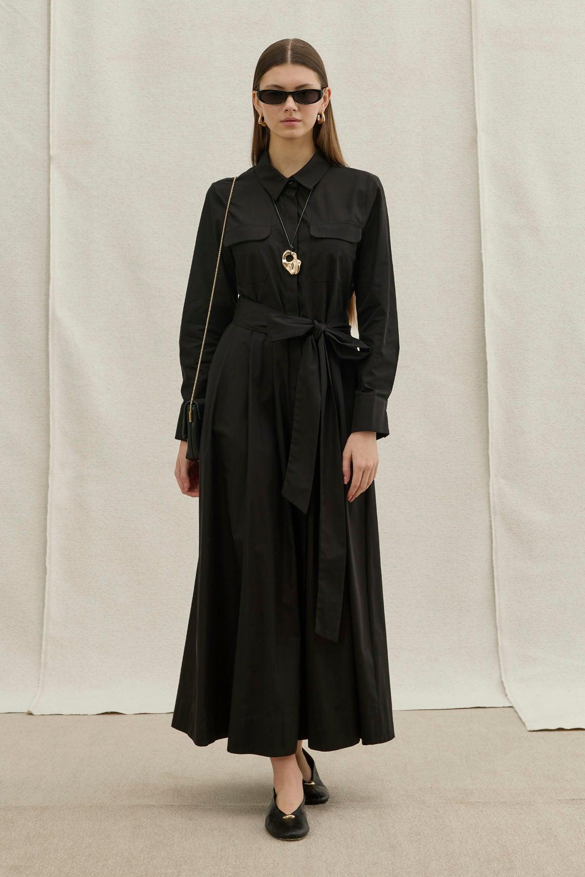 Soft Cotton Long Black Dress with Belt