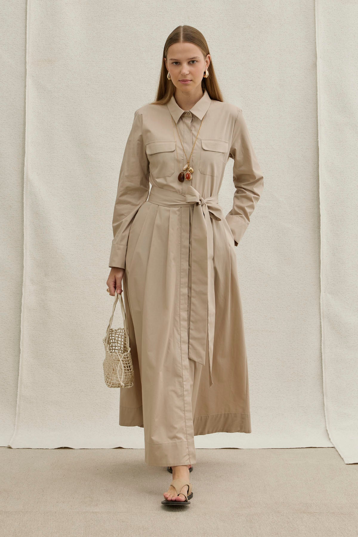 Soft Cotton Long Stone Dress with Belt