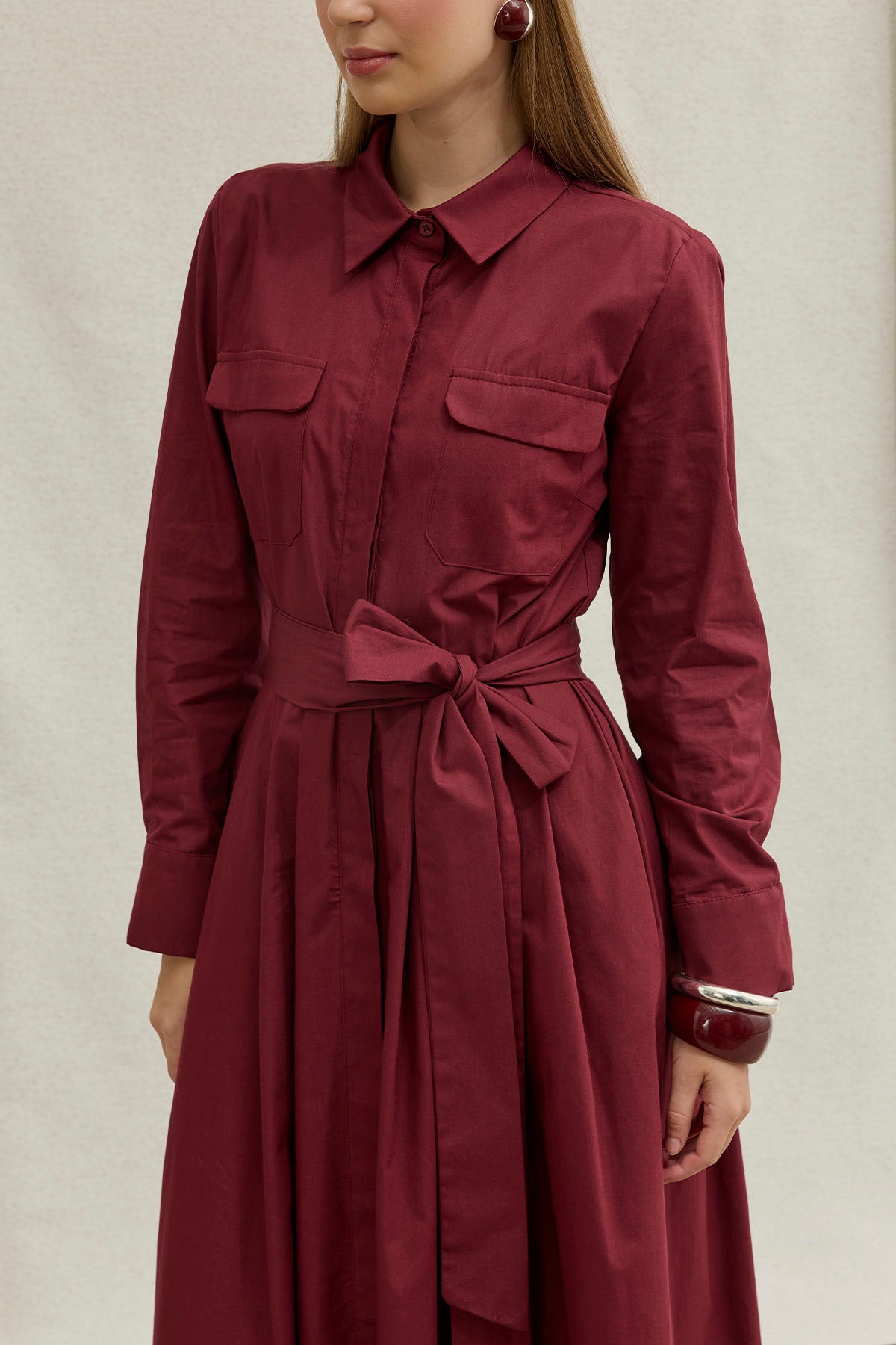 Soft Cotton Long Burgundy Dress with Belt