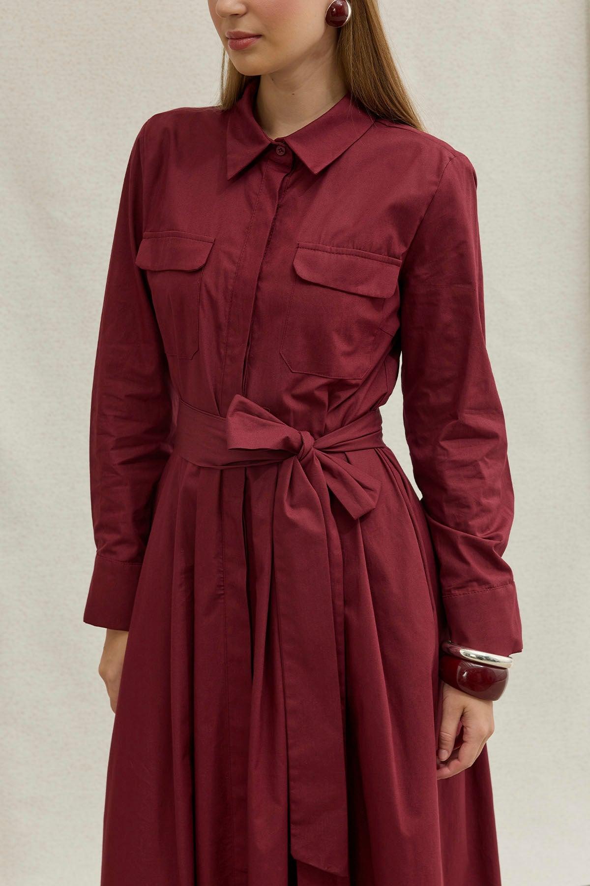 Soft Cotton Kuşaklı Uzun Bordo Elbise