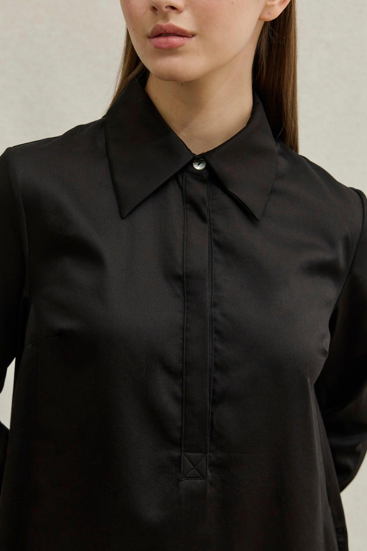 Soft Cotton Yarım Düğmeli Siyah Uzun Gömlek Elbise