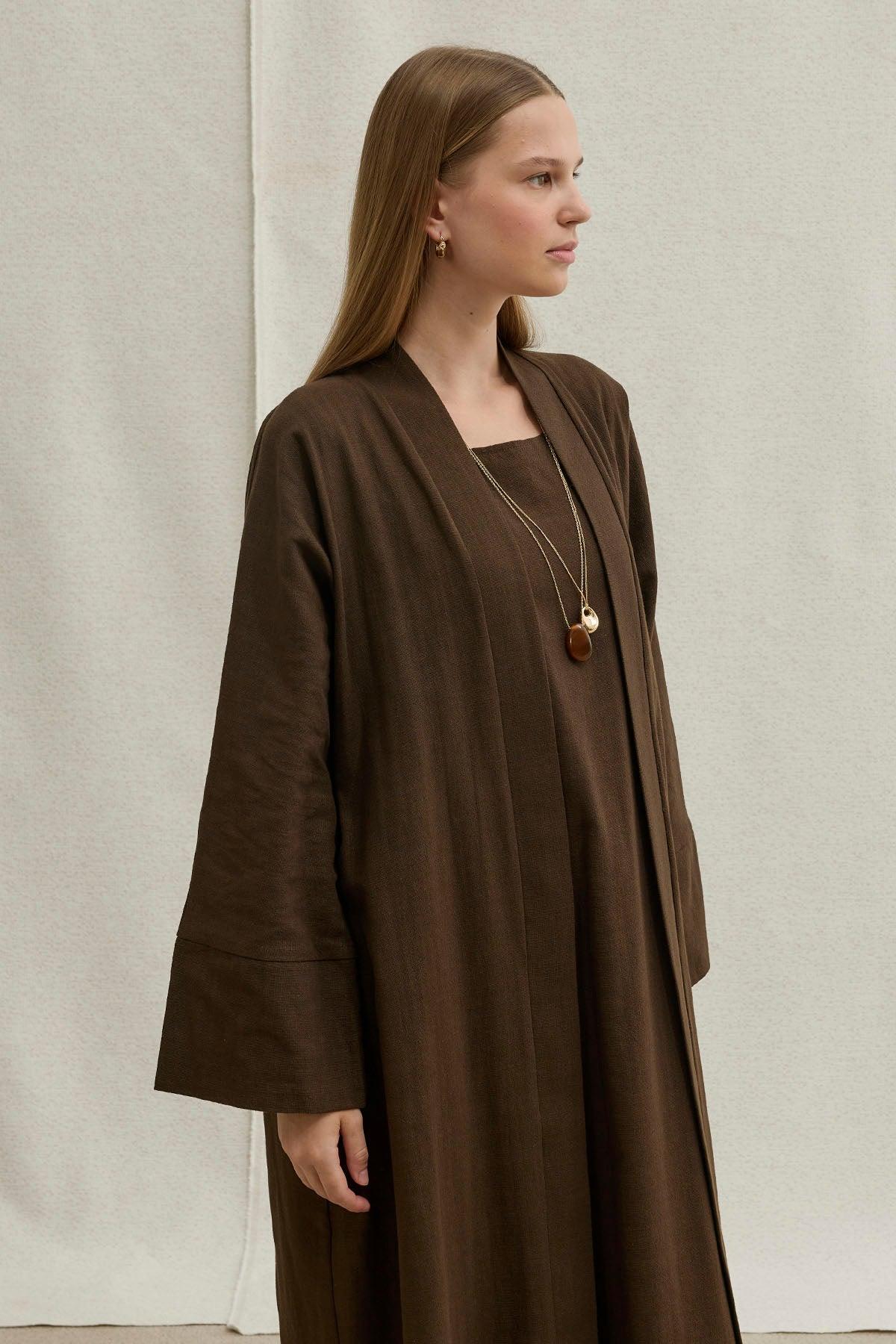 Soft Cotton Linen Two-Piece Brown Abaya Set