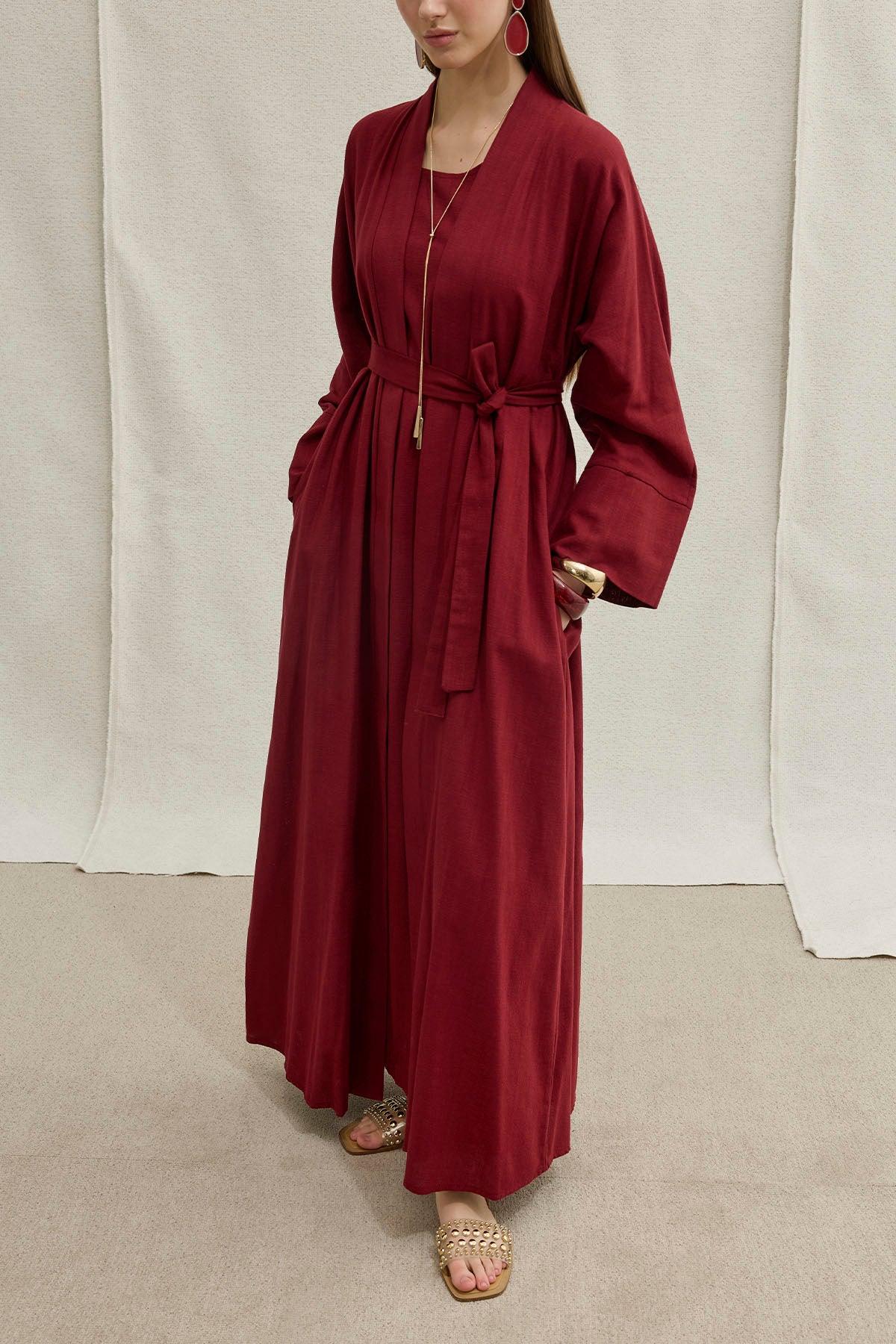 Soft Cotton Linen Two-Piece Burgundy Abaya Set