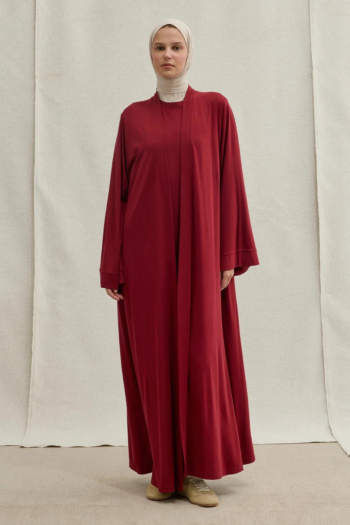 Active Modest Spor Geniş Kol Bordo İkili Abaya Takım